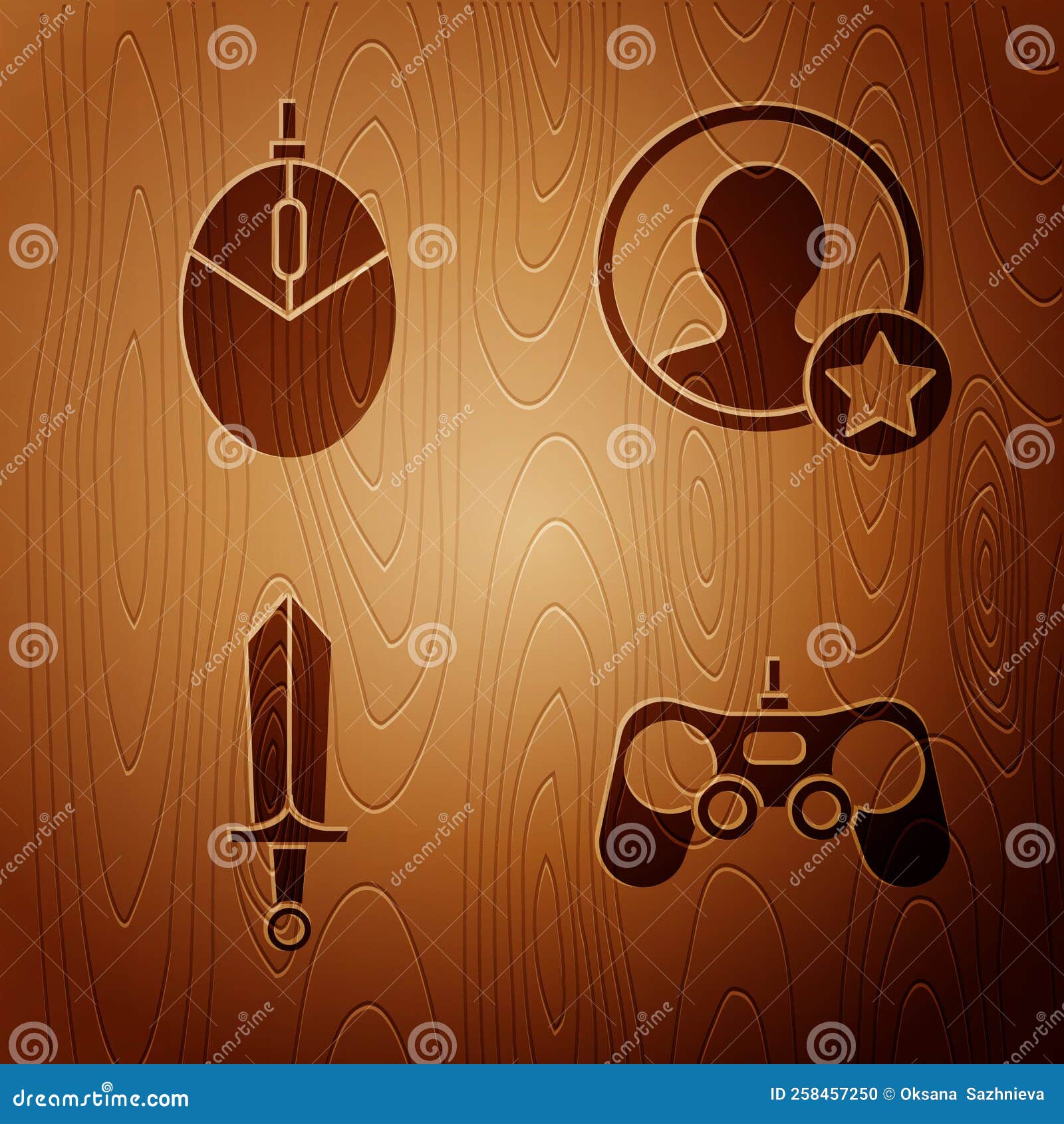 Set Gamepad, Computer Mouse Gaming, Sword for Game and Premium Create  Account Screen on Wooden Background. Vector Stock Illustration -  Illustration of technology, isolated: 258457250