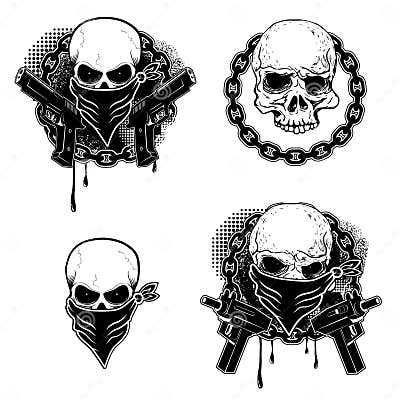 Set of the Gangsta Skull Emblems Stock Vector - Illustration of hand ...