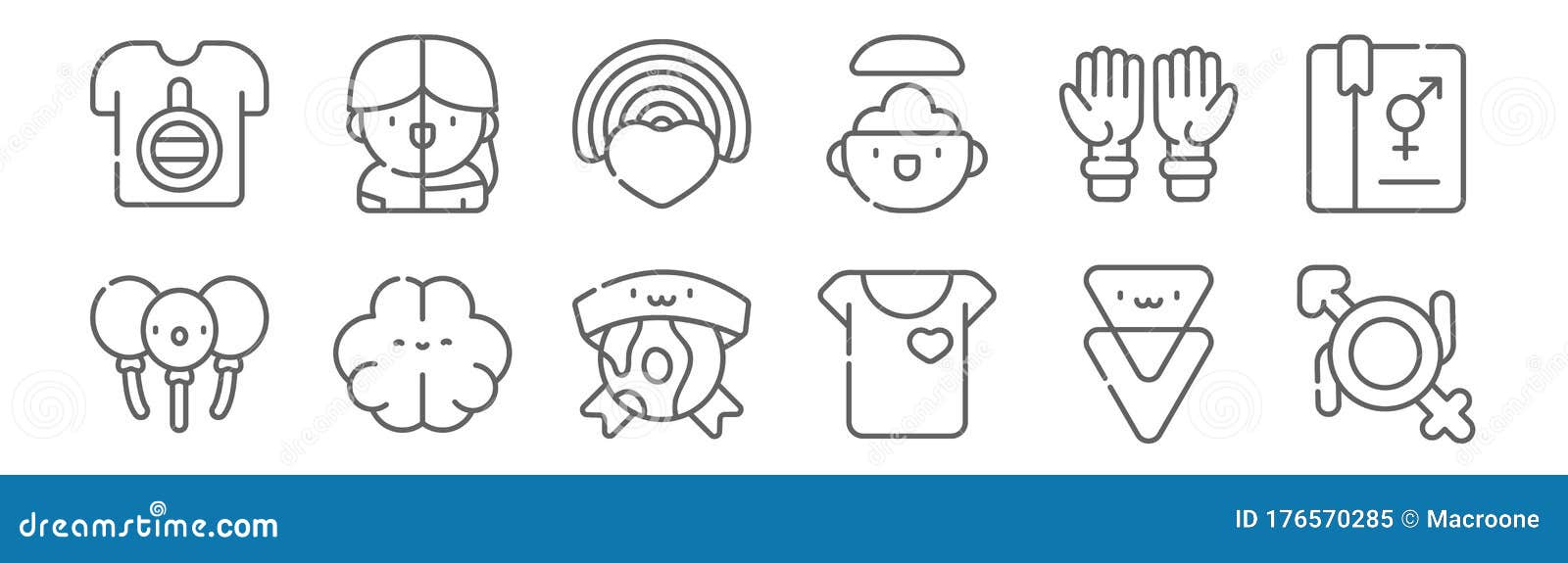 set of 12 gender identity icons. outline thin line icons such as genderfluid, love, brain, fraternity, rainbow, bigender