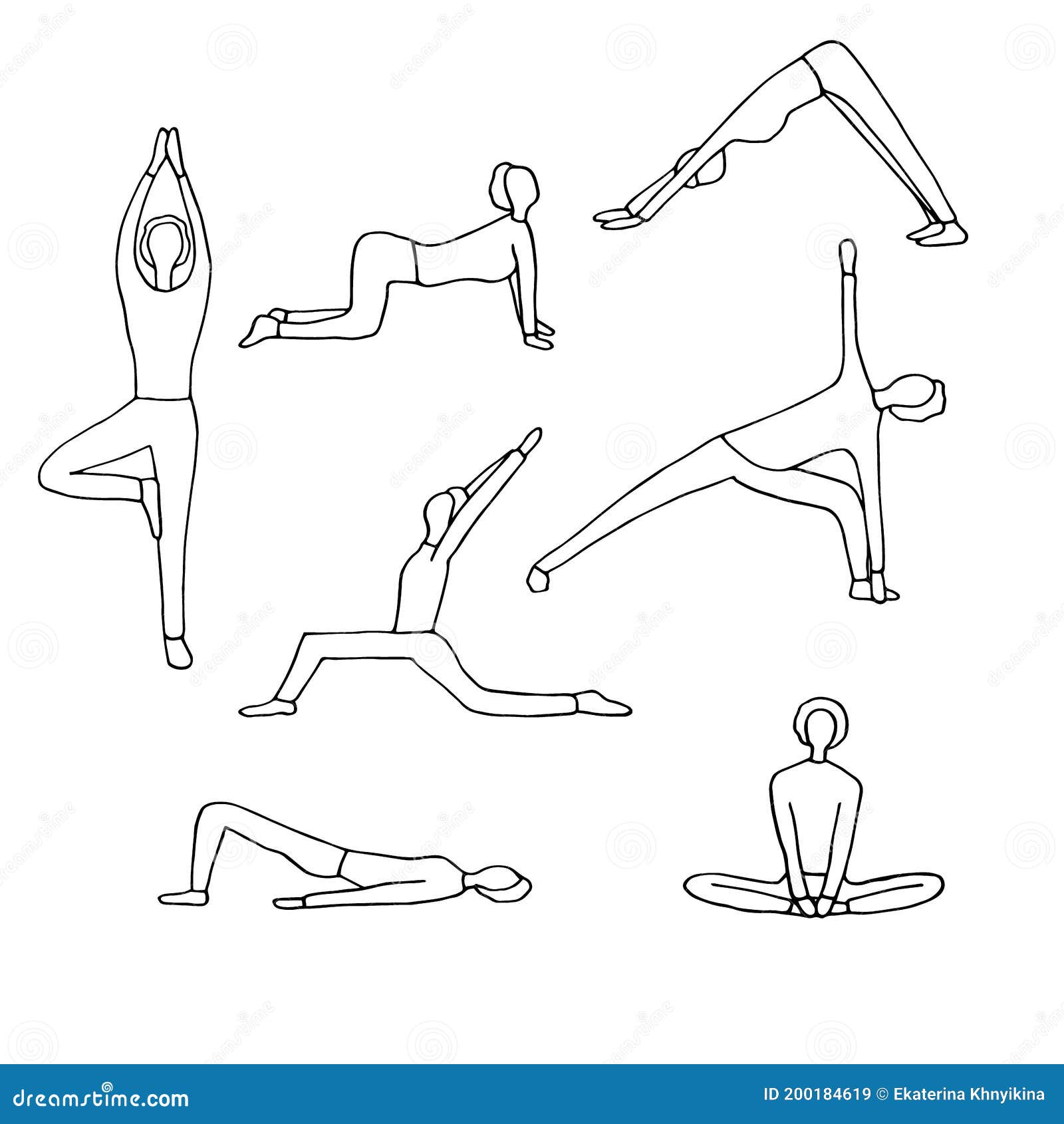 Set of Girl Doing Yoga, Seven Asanas, Vector Illustration, Hand Drawing ...