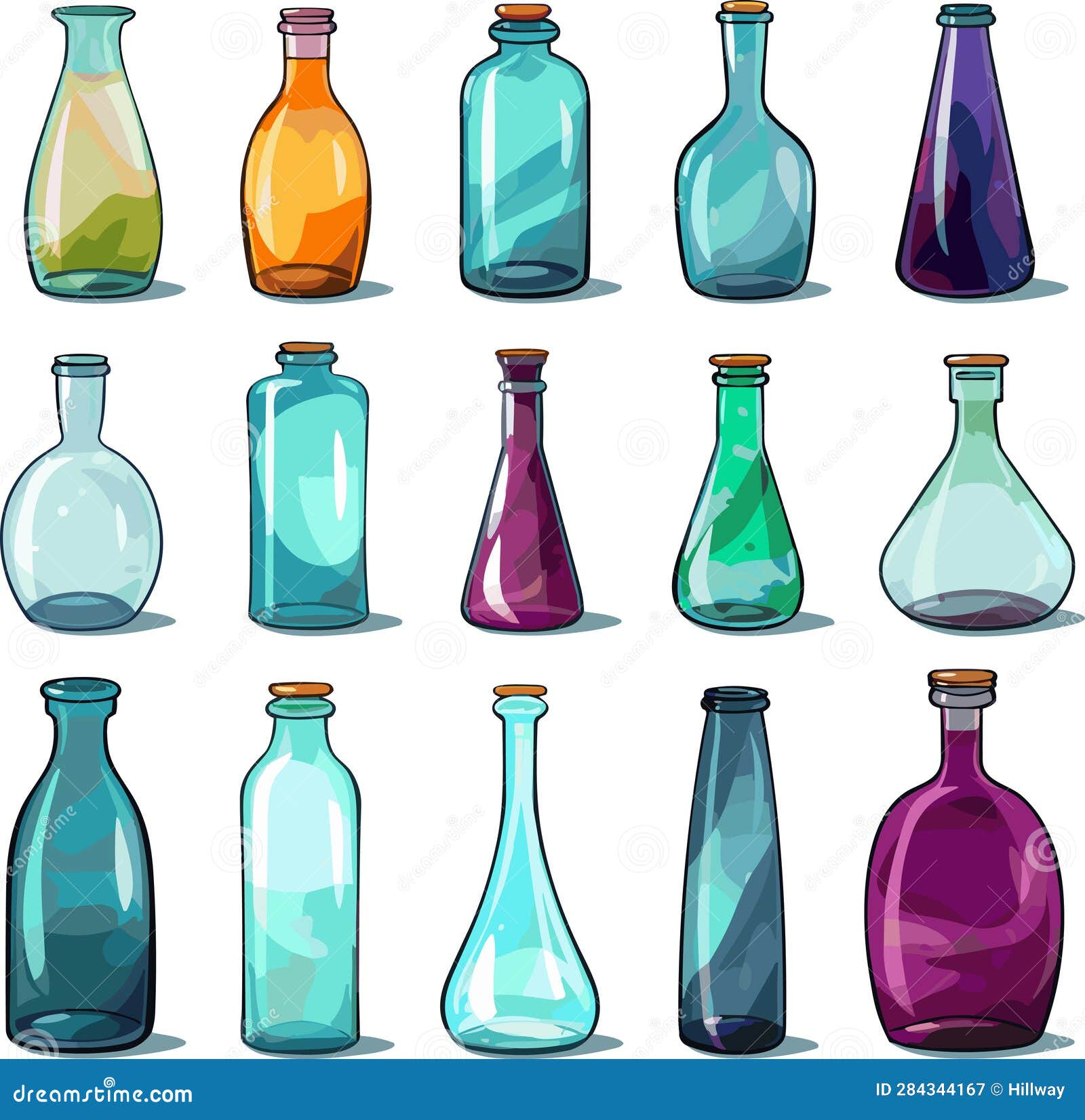 Set of Glass Bottles of Various Shapes and Colors Isolated on White