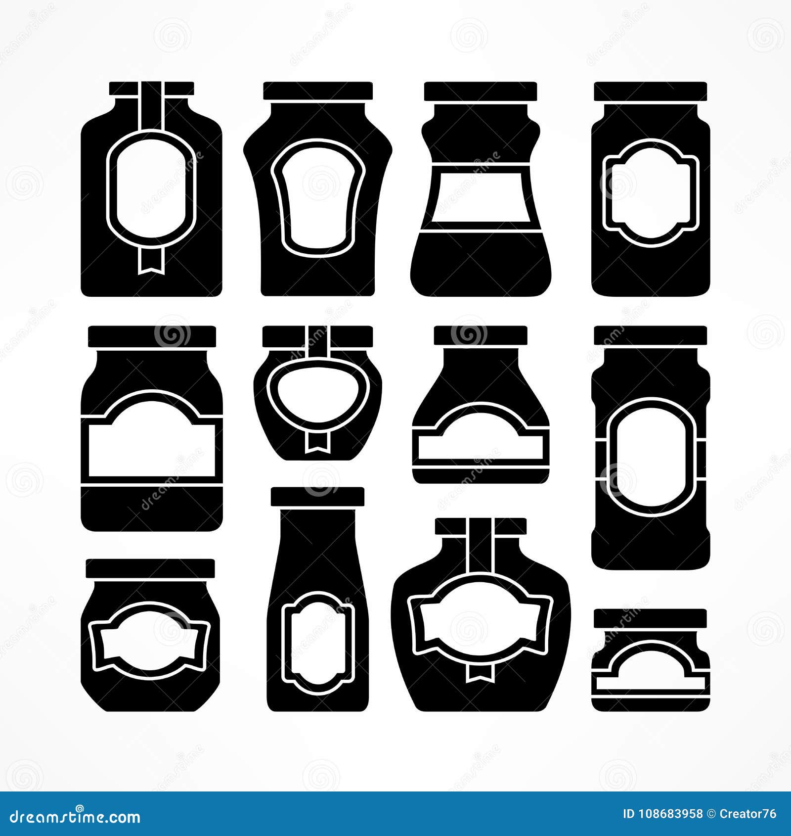 Set of Glass Jars in Black with White Labels Stock Vector