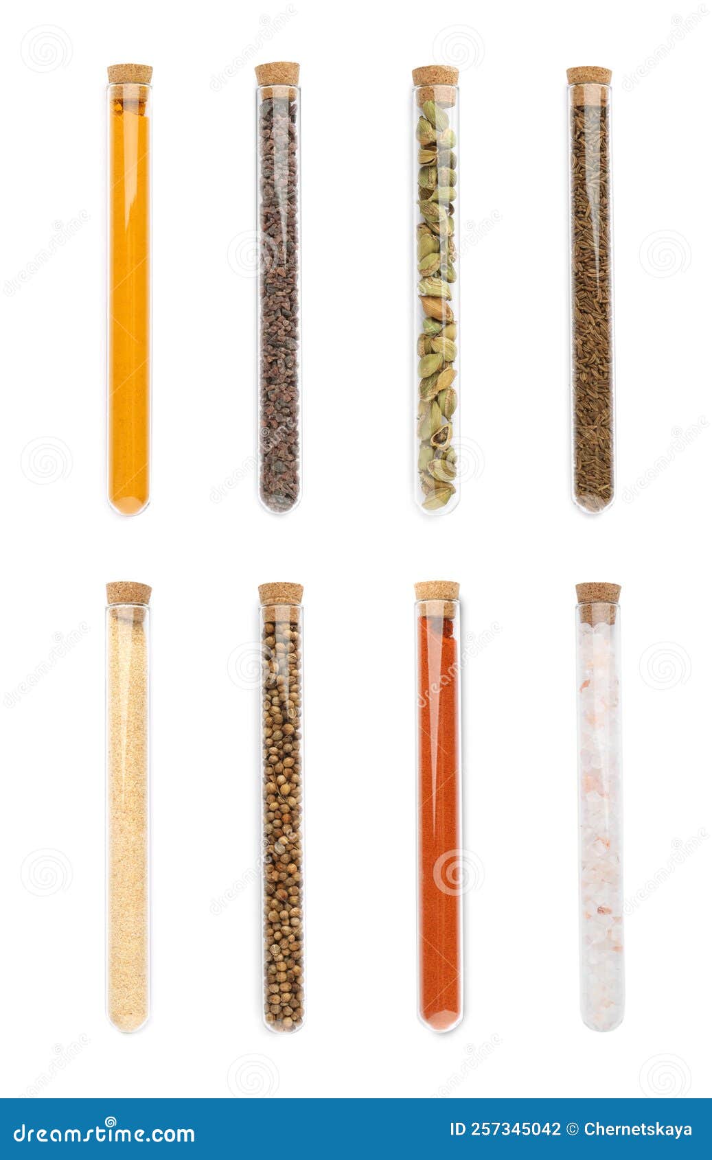 Set of Glass Tubes with Different Spices on White Background, Top View