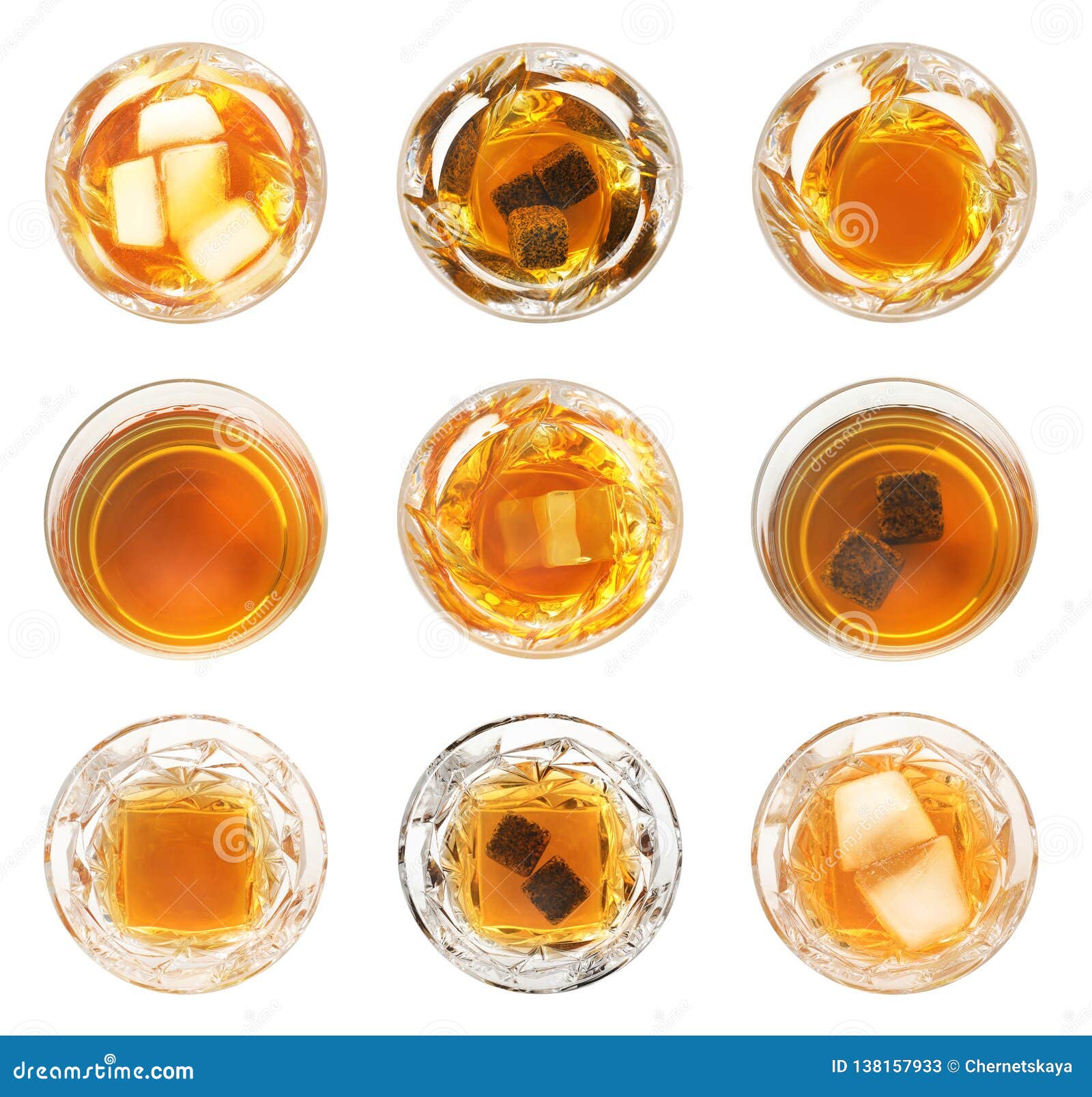 Set of Glasses with Expensive Whiskey on White, Top View Stock Image