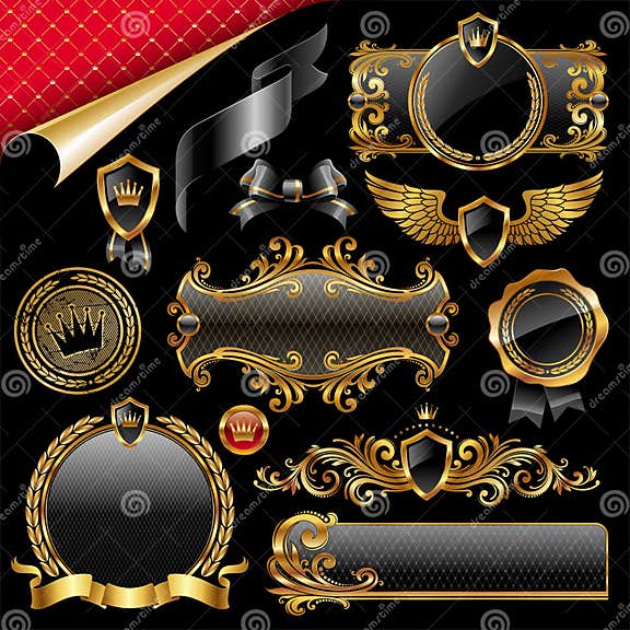 Set of Gold and Black Design Elements Stock Vector - Illustration of