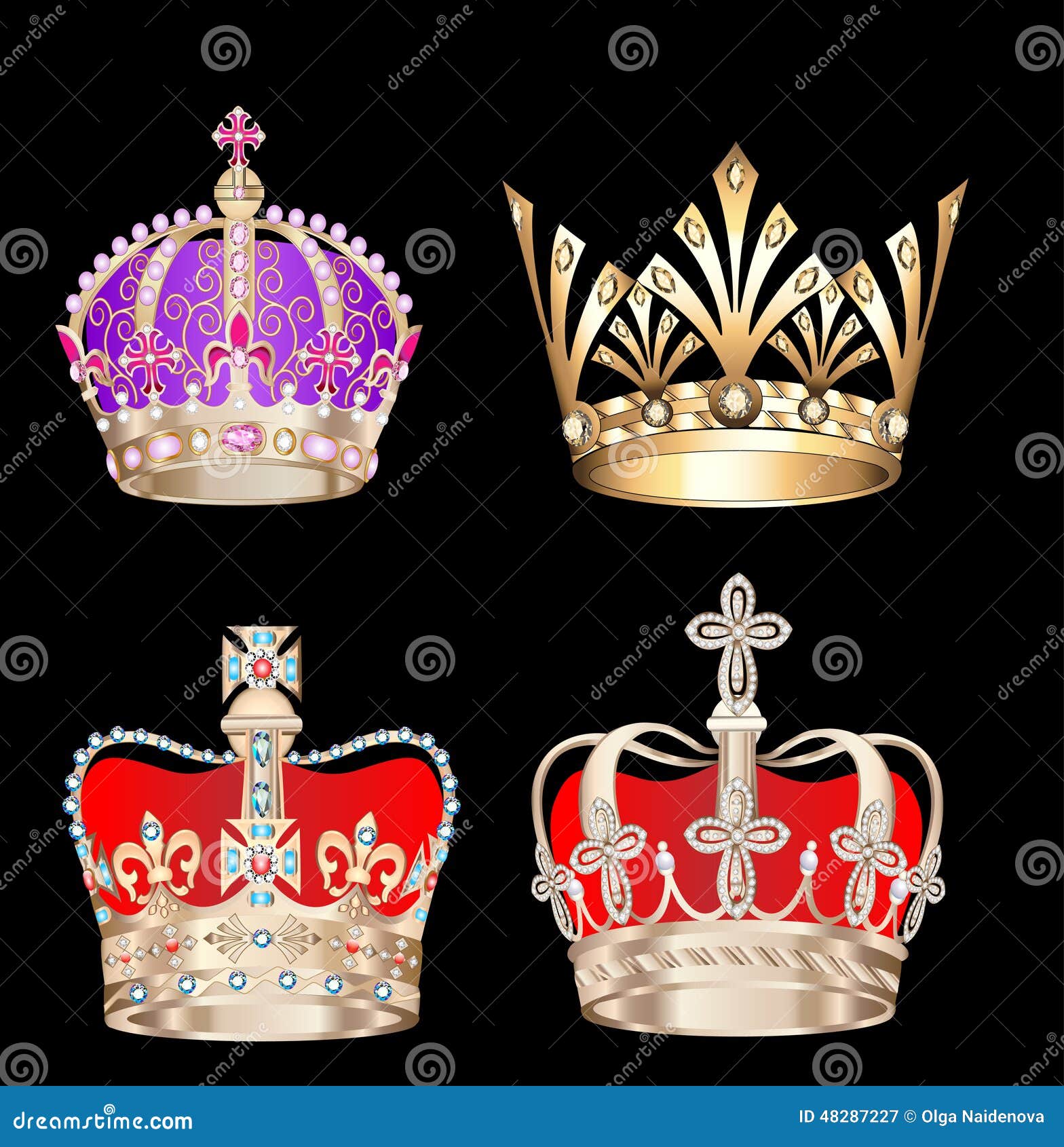 set gold crowns on black background