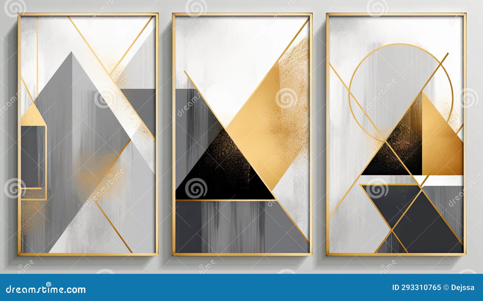 Set of Gold and Grey Abstract Art Canvases with Geometric Shapes