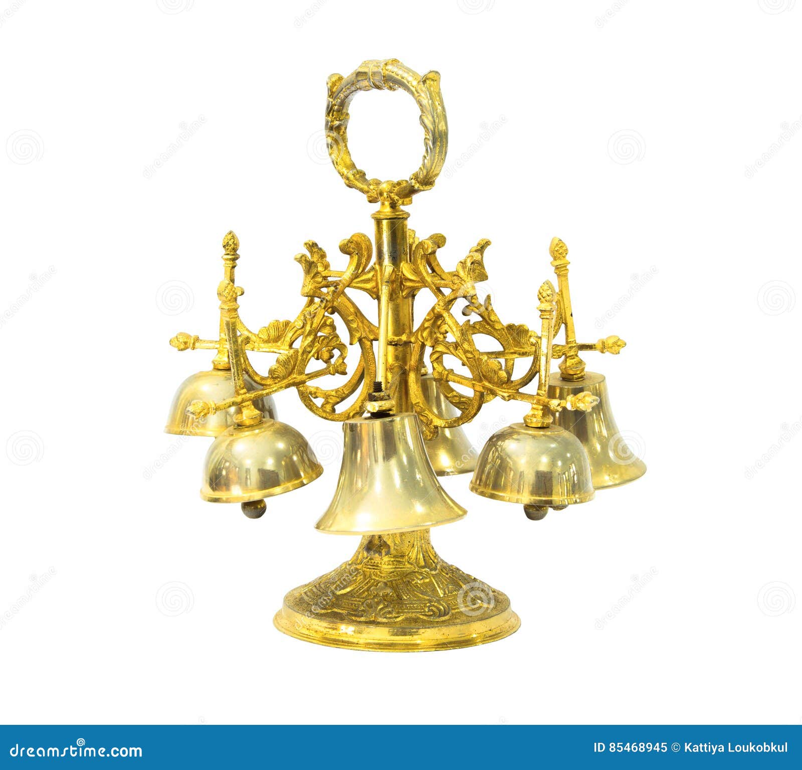 set of gold handbells on white background
