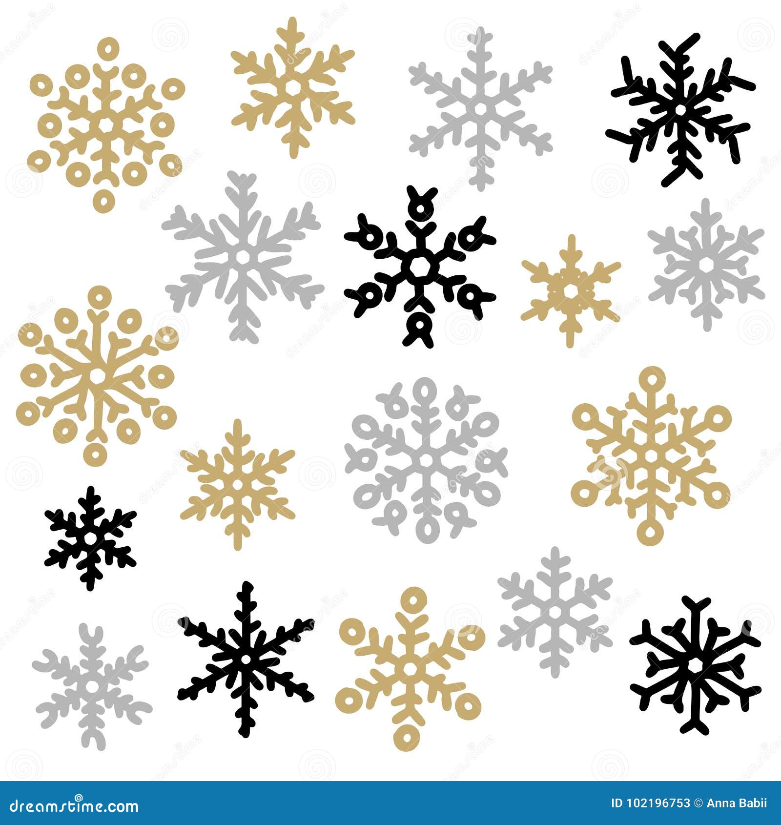 Set of Gold and Silver Snowflakes. Holiday Collection. Snowflakes