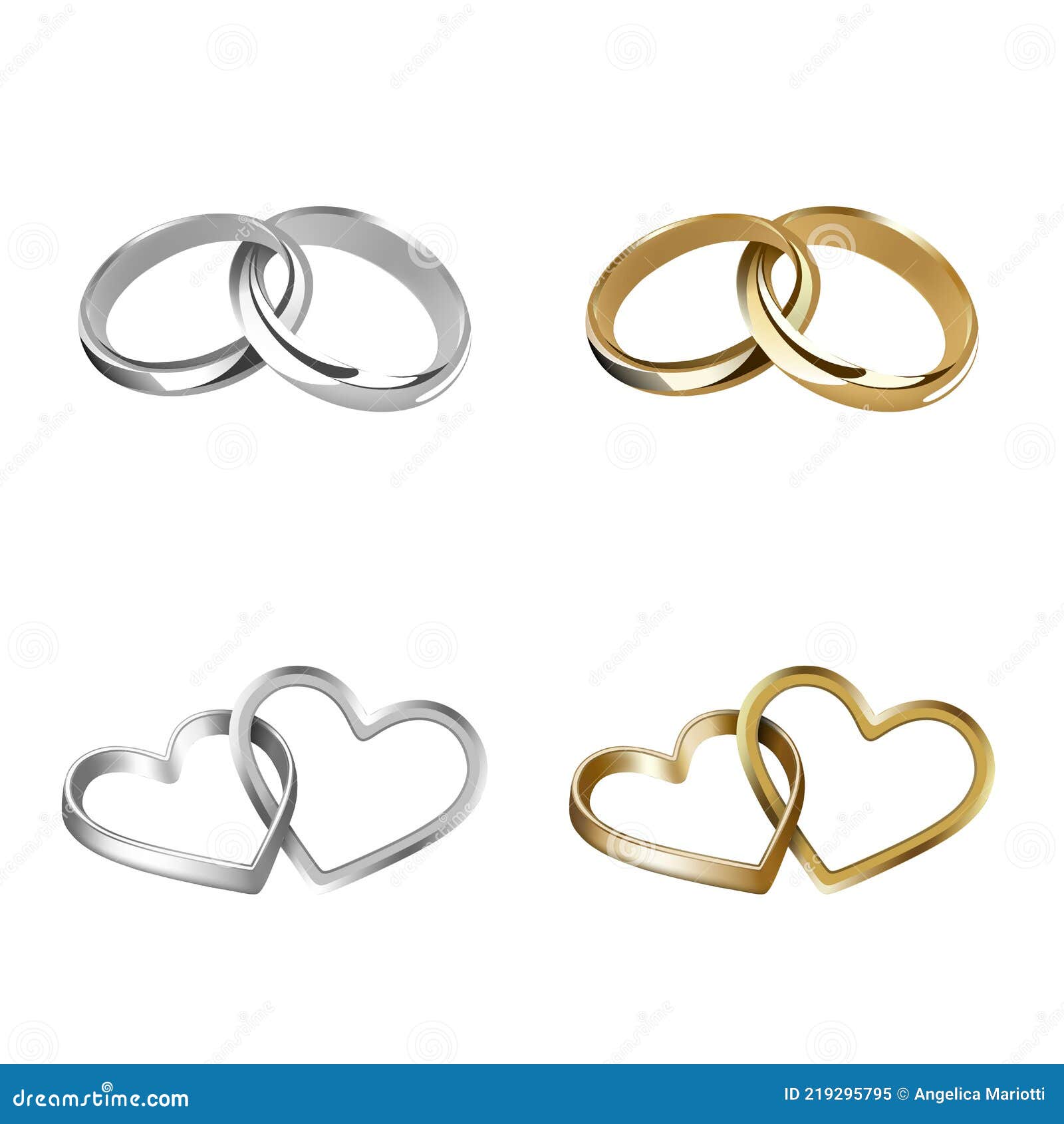 Set of Gold and Silver Wedding Rings. Heart and Round Shaped Rings