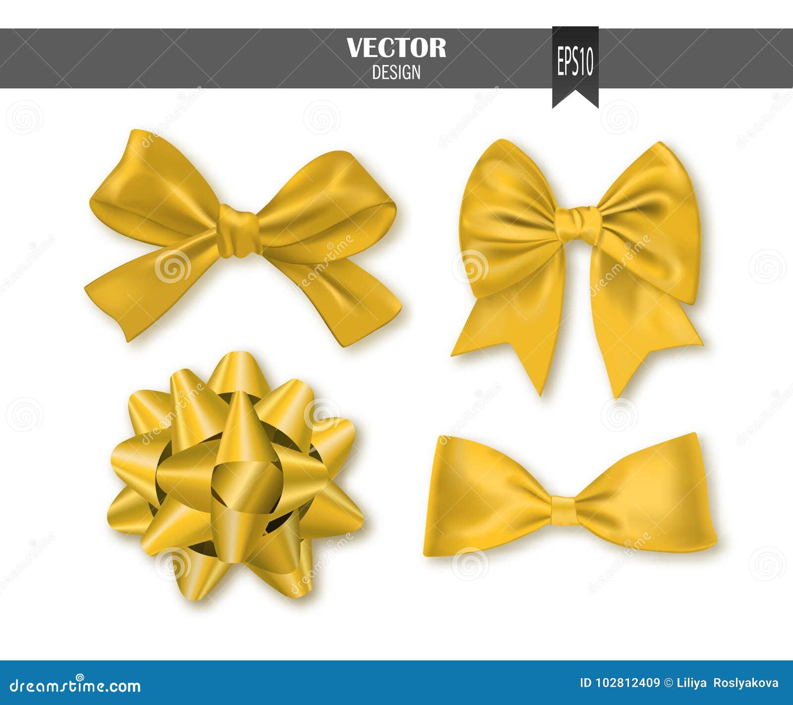 Set of Golden Gift Bows with Ribbons. Vector Illustration. Stock