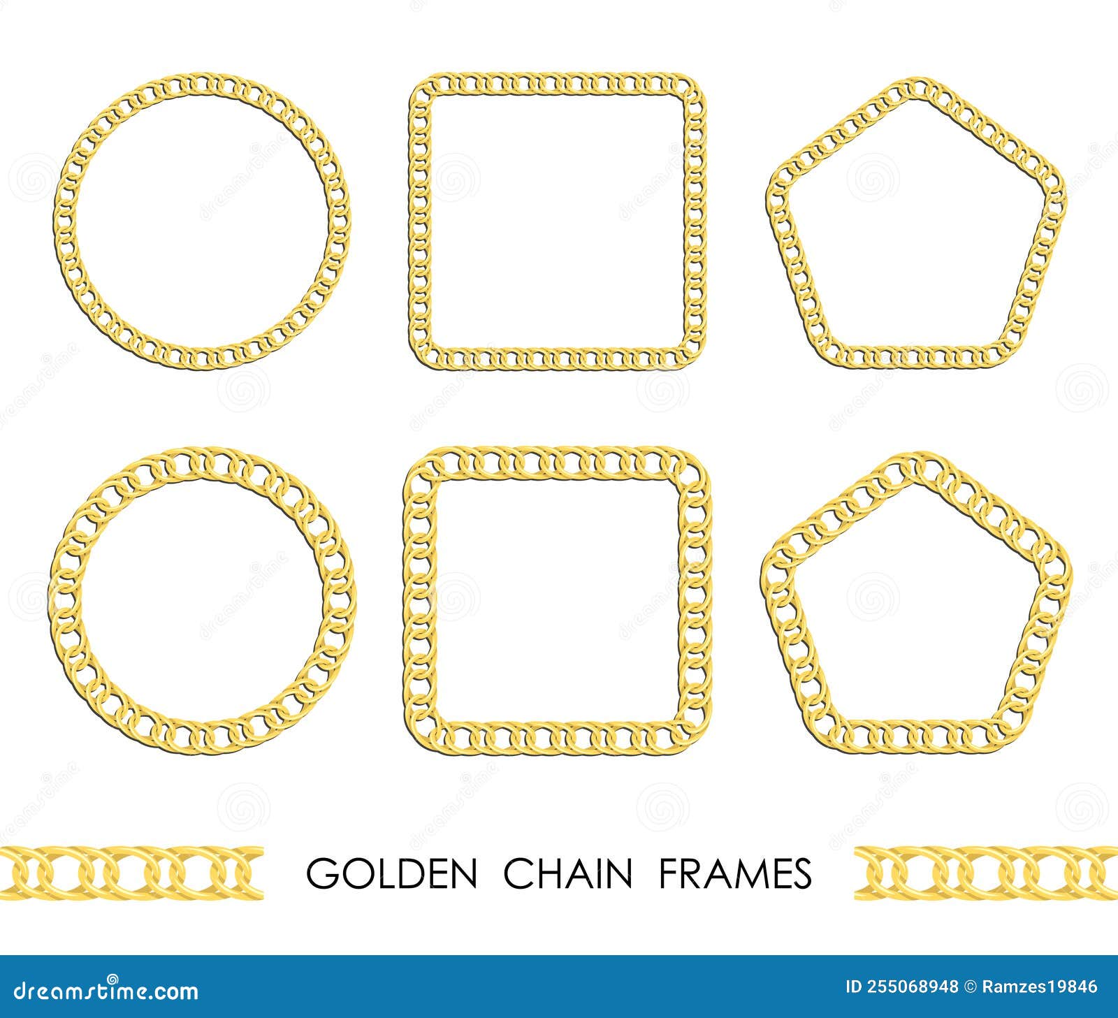 set of golden round and square chain frames for decorative headers. gold double weave chain frames  on white background.
