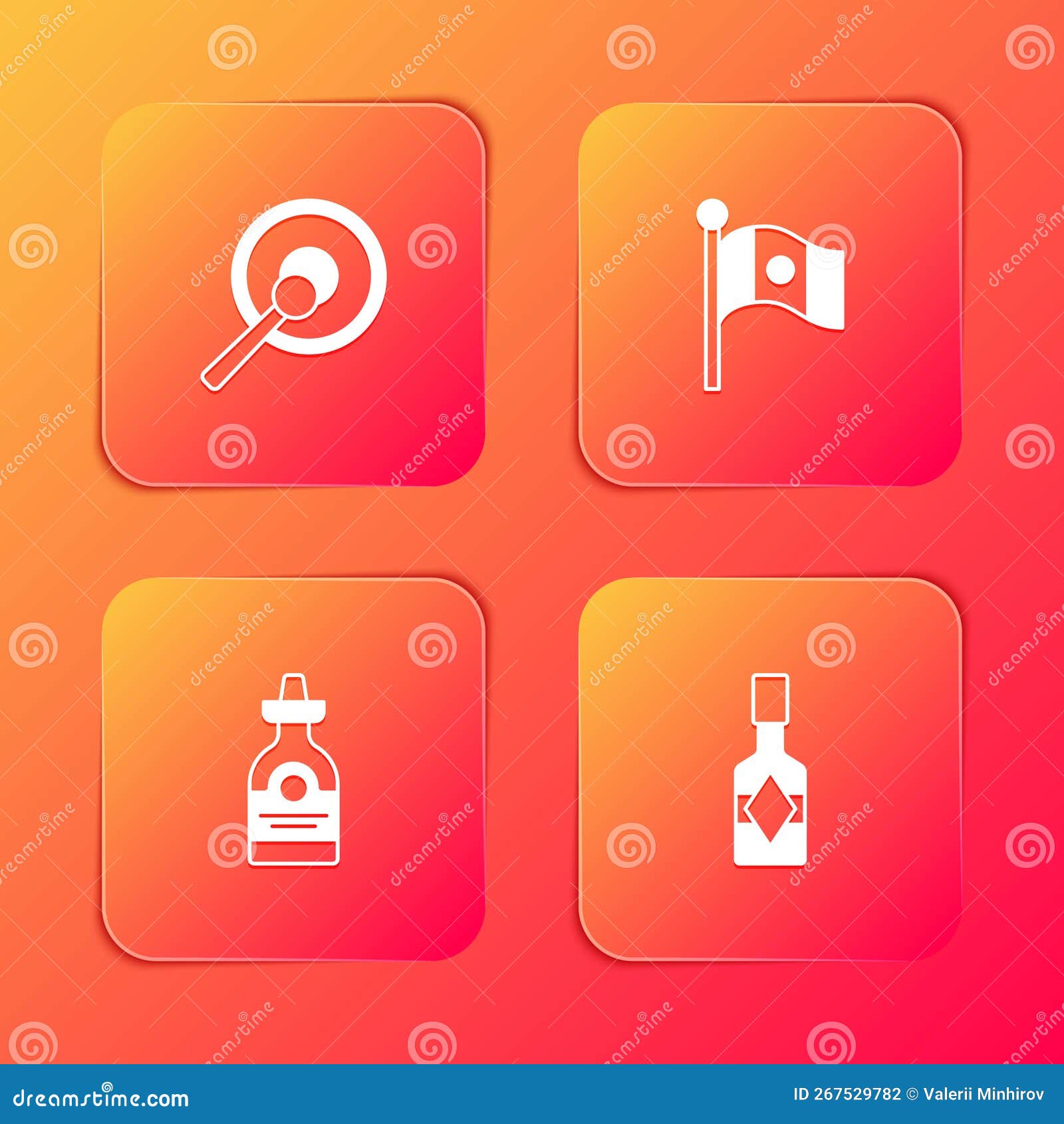 Set Gong, Mexico Flag, Tequila Bottle and Tabasco Sauce Icon. Vector