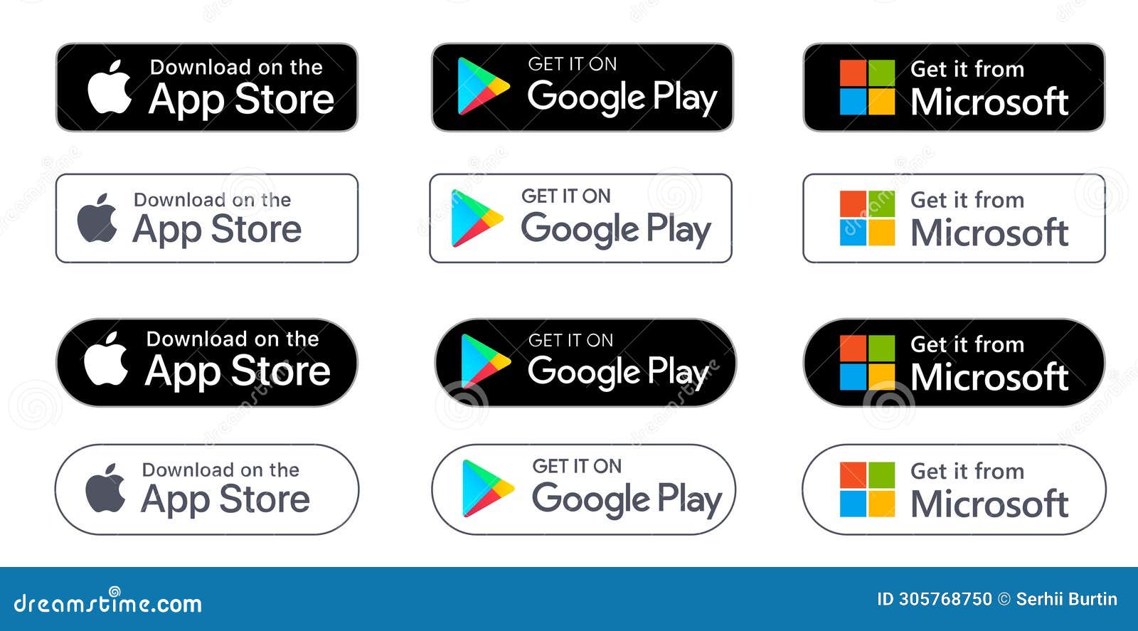 Set of Google Play Store, Apple App Store and Microsoft Store Badges