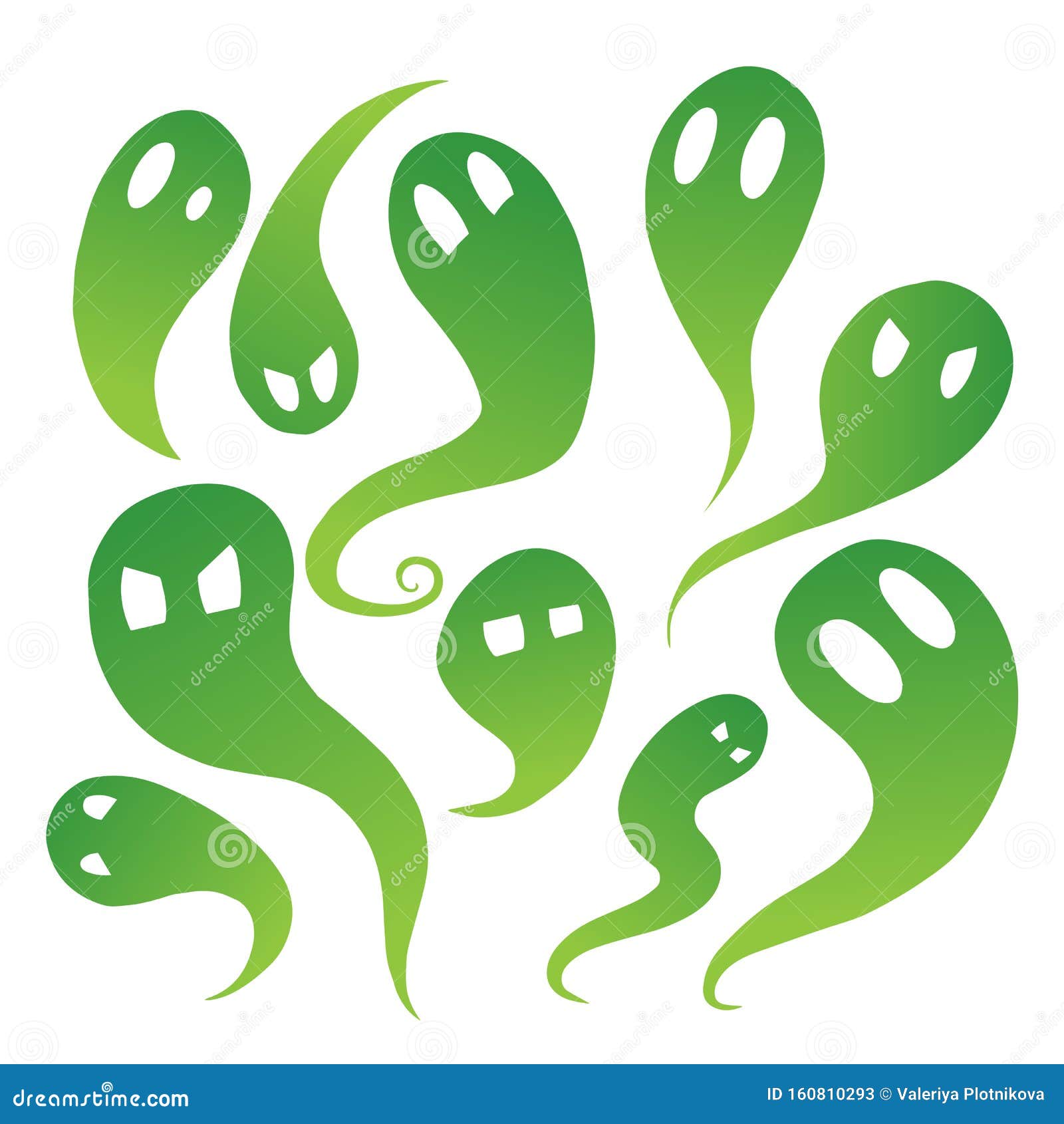 Set of green cartoon ghosts with emotions. Spirits in different forms. The object is separate from the background. Halloween elements for decorating. Vector object for cards, banners and your design