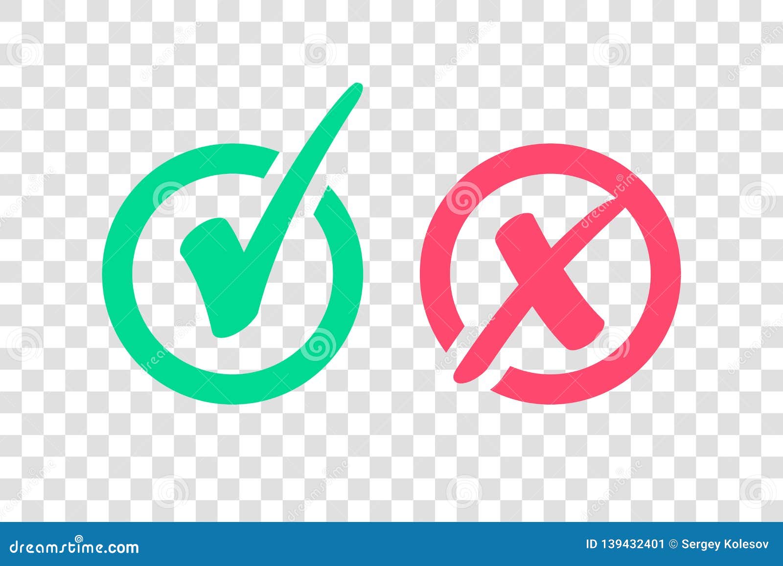 set of green check mark icon and red x cross tick 