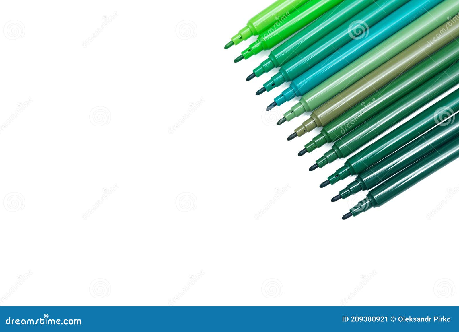Set of Green Colored Felt-tip Pens for Drawing on Isolated Background.  Different Shades of Green Stock Image - Image of background, montage:  209380921