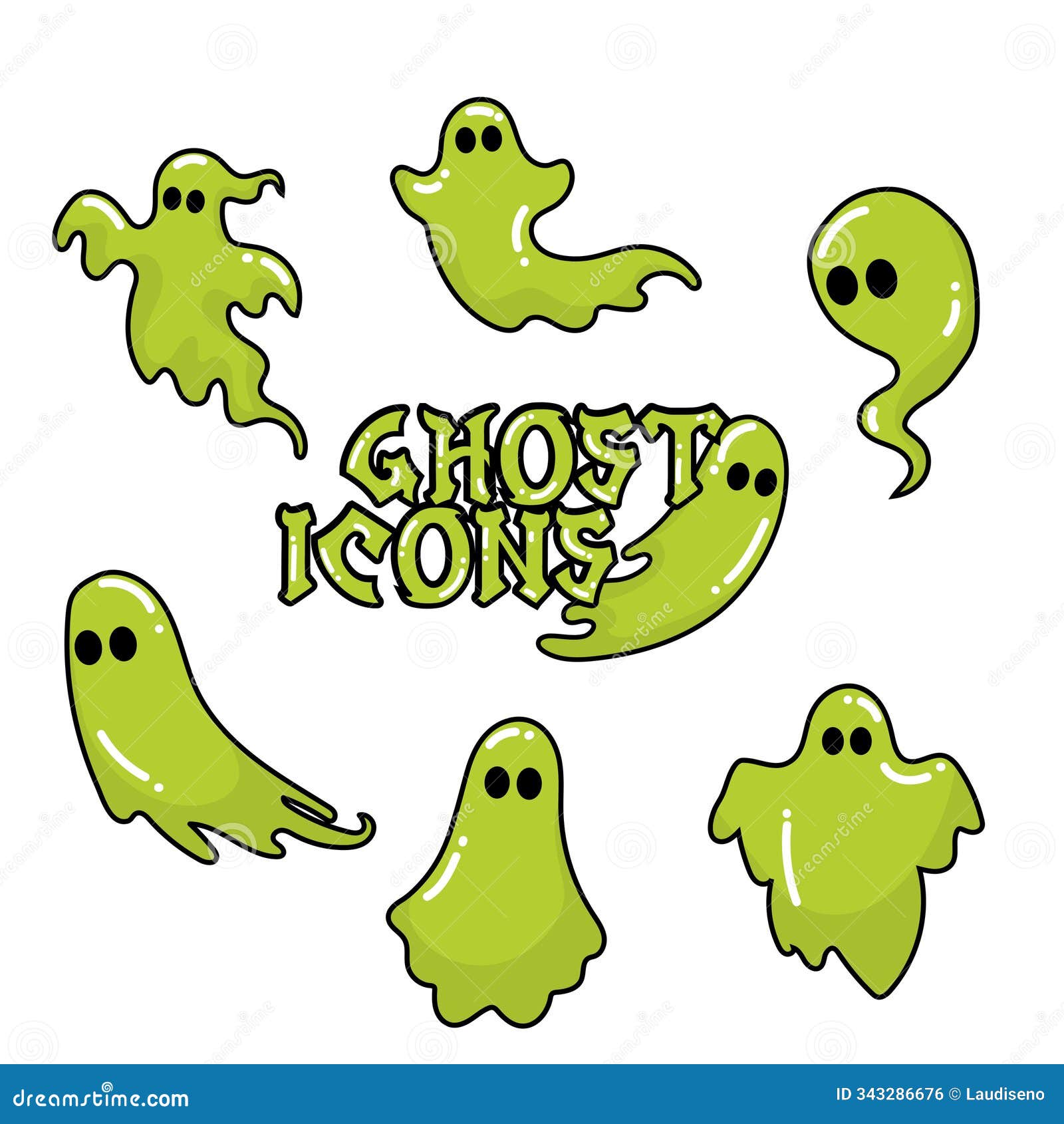 set of green slime ghost icons with black eyes, 