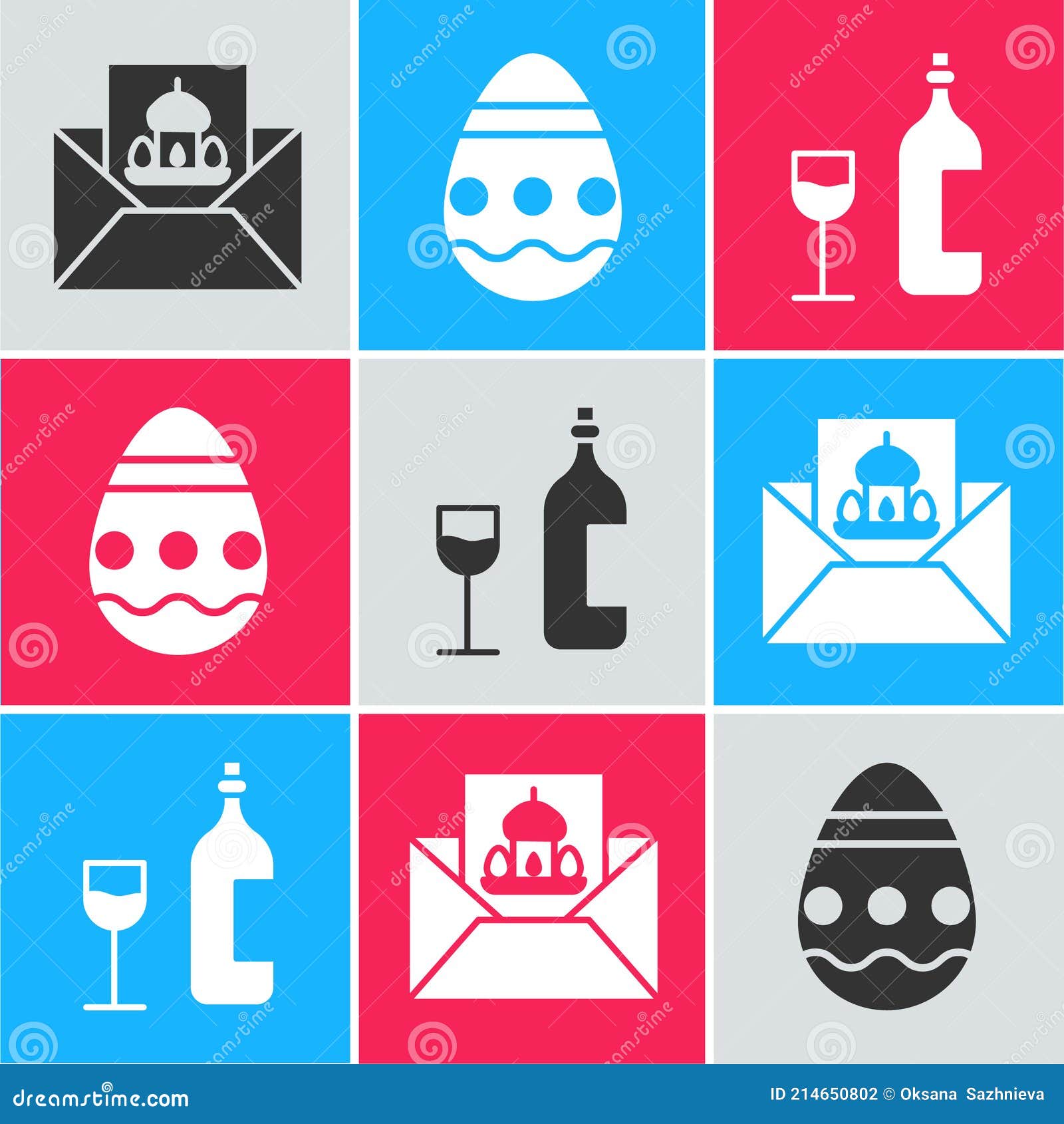 Set Greeting Card with Happy Easter, Easter Egg and Wine Bottle with