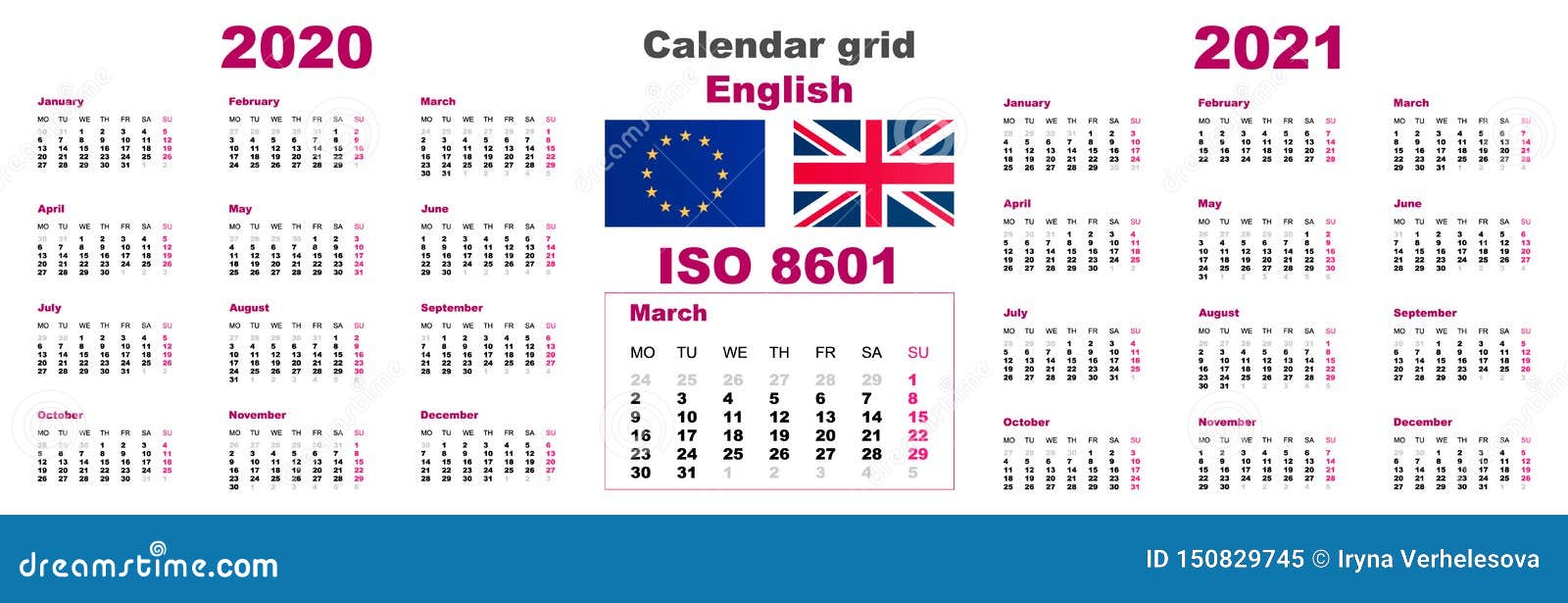 iso calendar 2021 Set Grid Wall Calendar English For 2020 2021 Iso 8601 Stock Vector Illustration Of Illustration December 150829745 iso calendar 2021