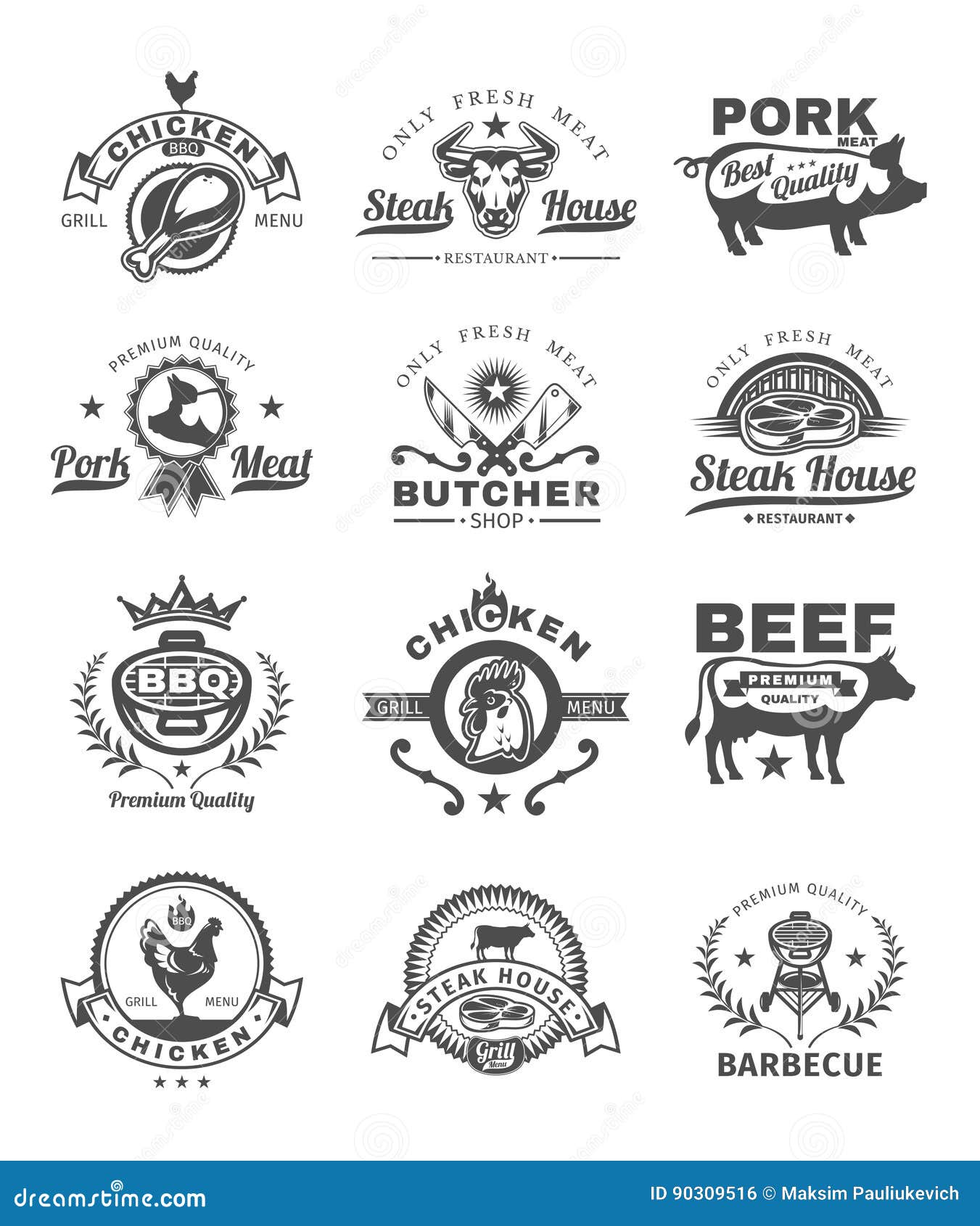 Set Grill and Barbecue Badges, Stickers, Emblems Stock Vector