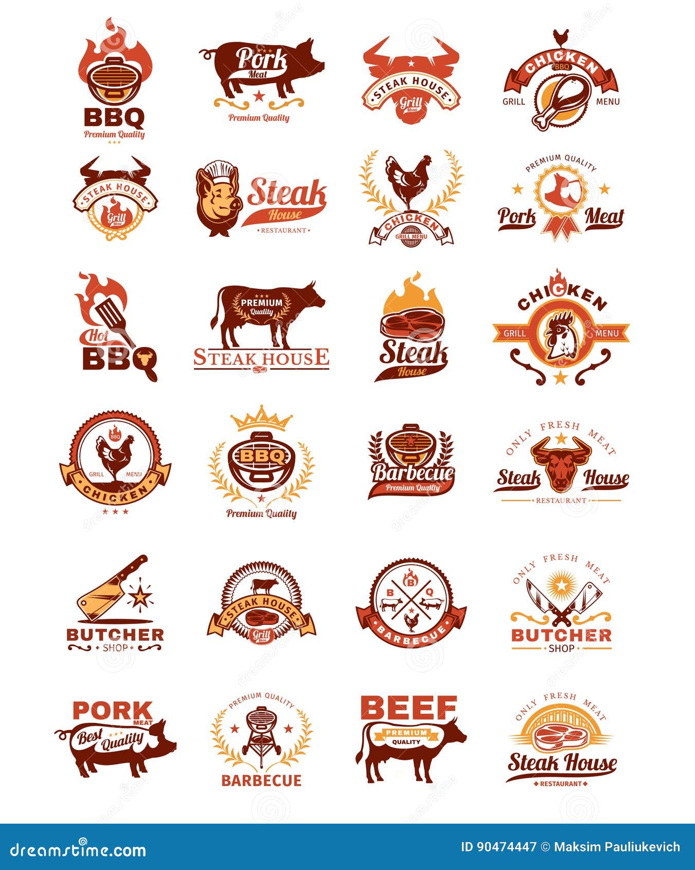 Set Grill and Barbecue Badges, Stickers, Emblems Stock Vector