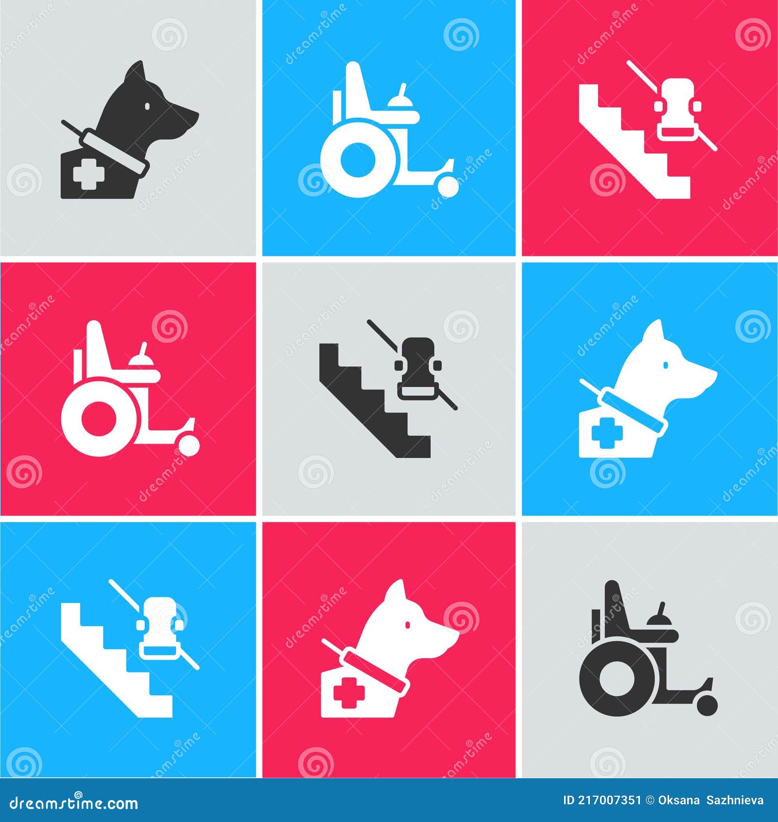 Set Guide Dog, Electric Wheelchair And Disabled Elevator Icon. Vector