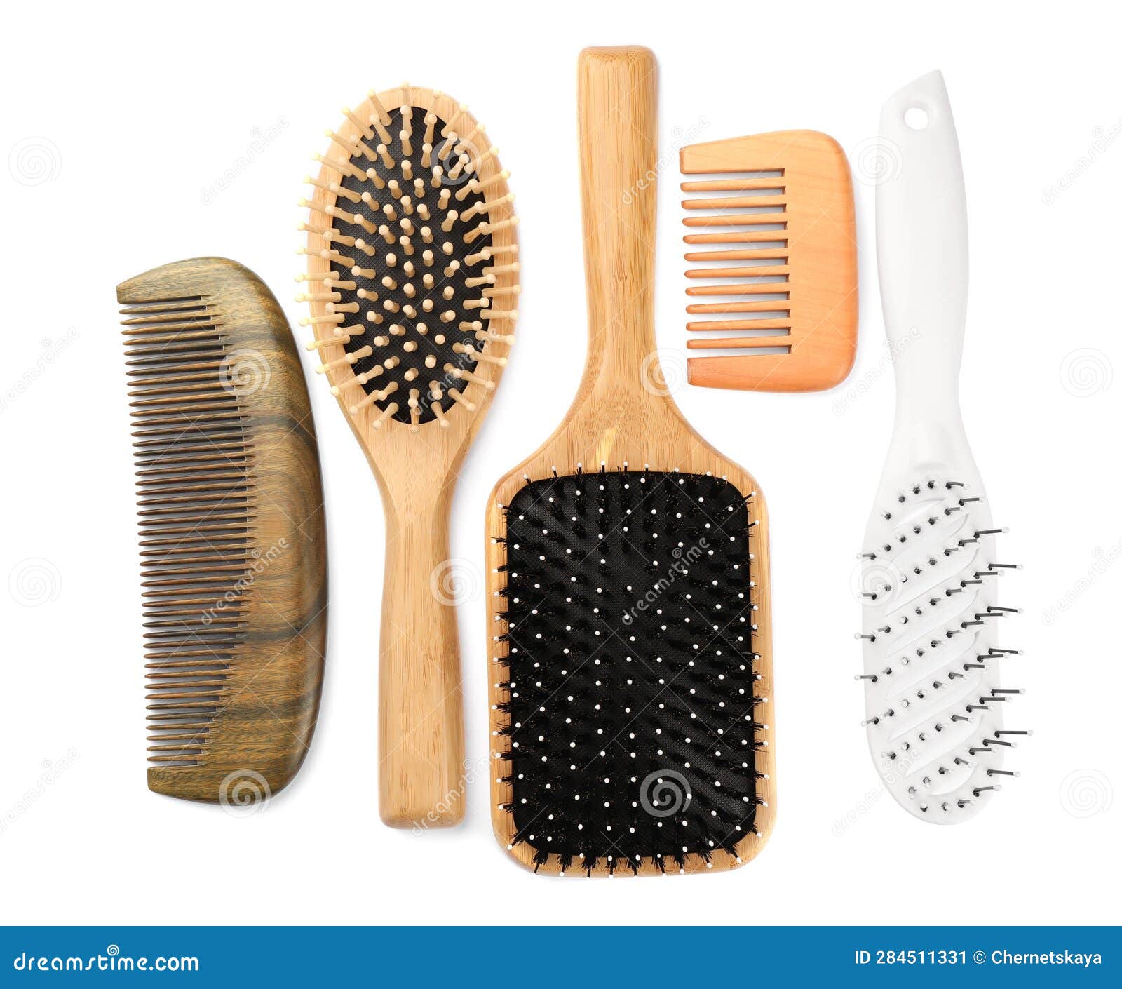 Set of Hair Brushes and Combs Isolated on White, Top View Stock Image
