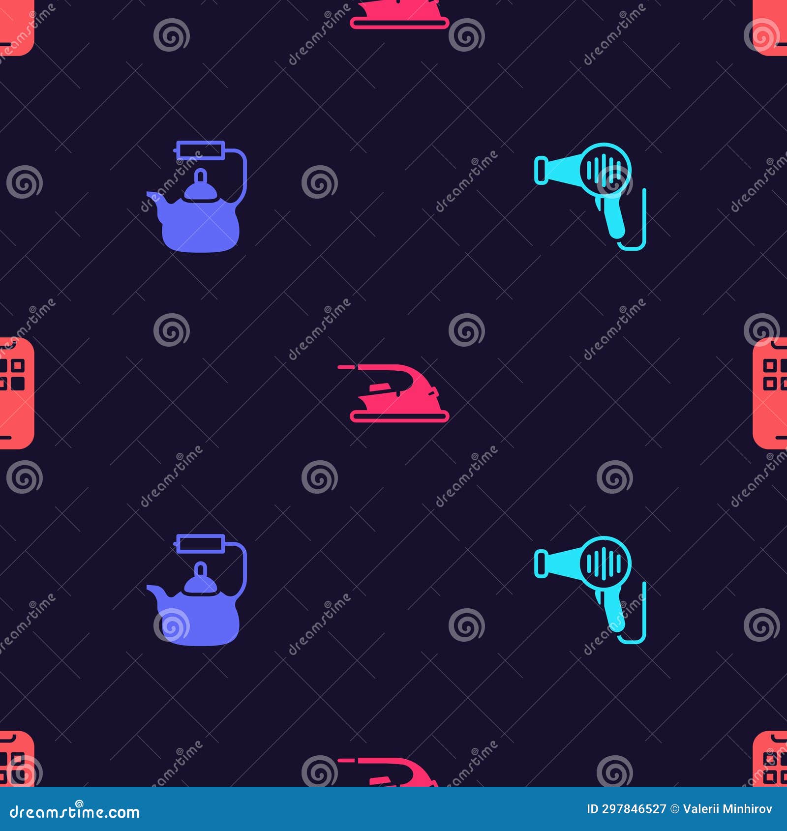 Set Hair Dryer, Kettle with Handle, Electric Iron and Mobile Apps on