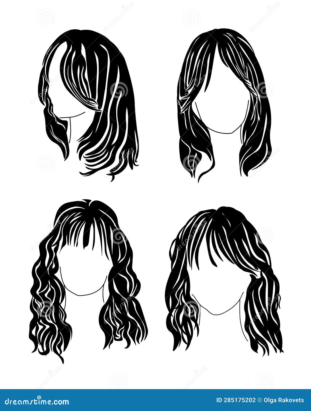 Set of Hairstyles with Bangs, Silhouettes of Stylish Women S Haircuts