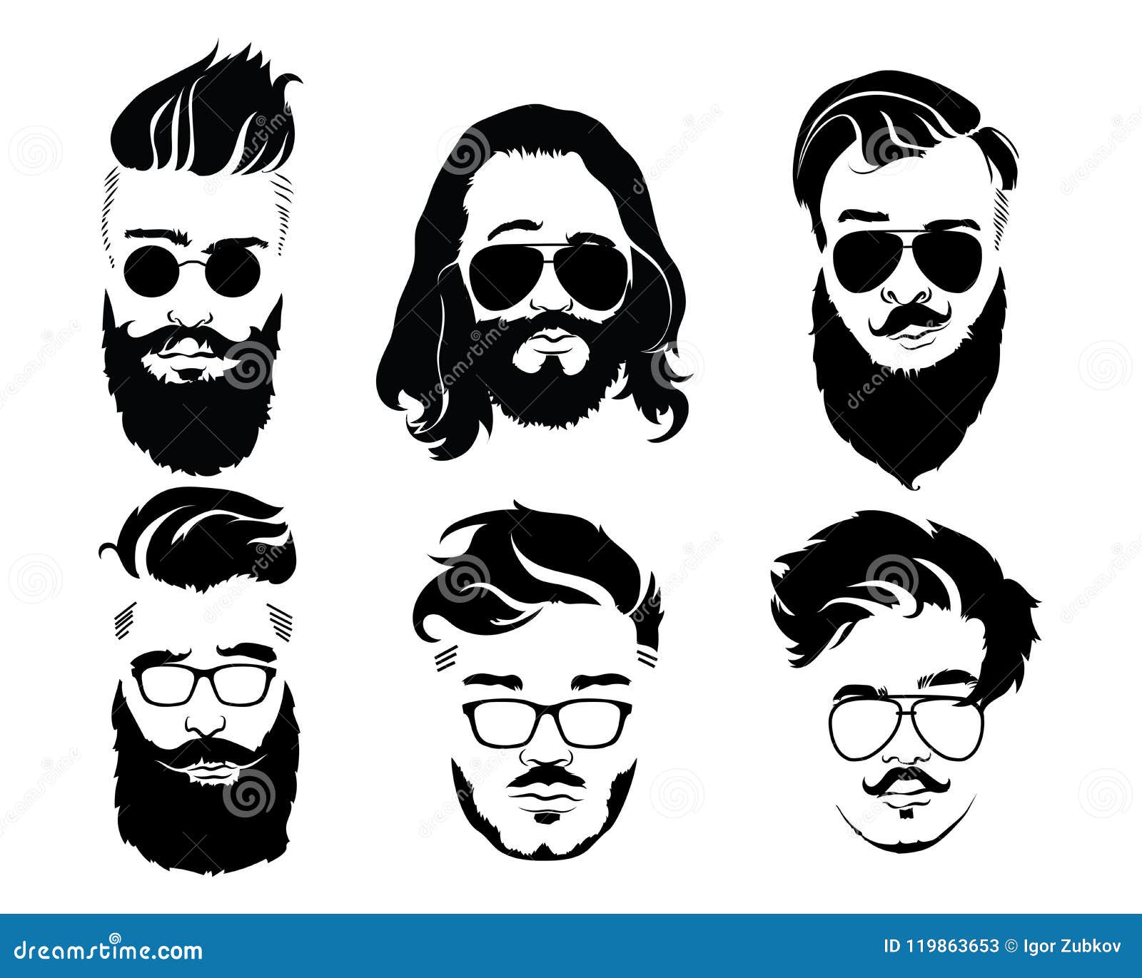 Set of Hairstyles for Men in Glasses. Collection of Black Silhouettes of  Hairstyles and Beards Stock Vector - Illustration of hipster, flat:  119863653