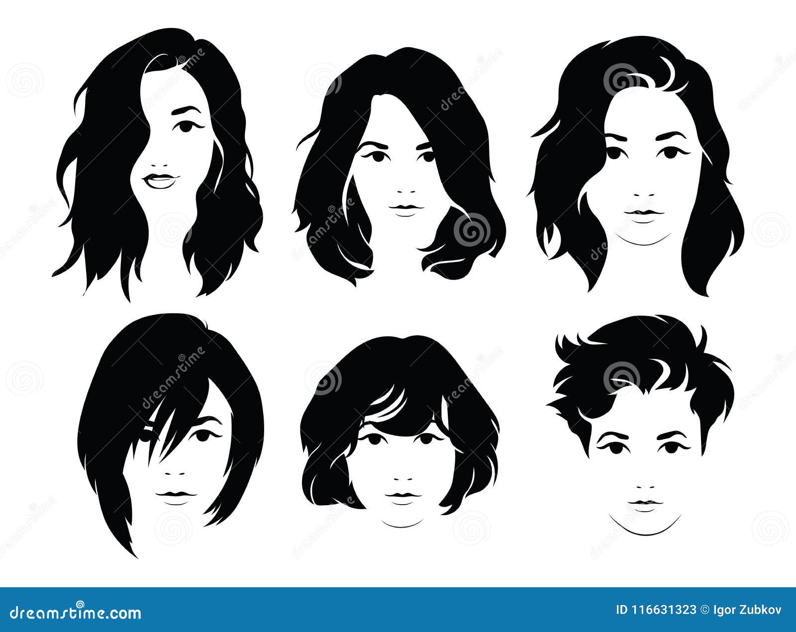Set of Hairstyles for Women. Collection of Black Silhouettes of