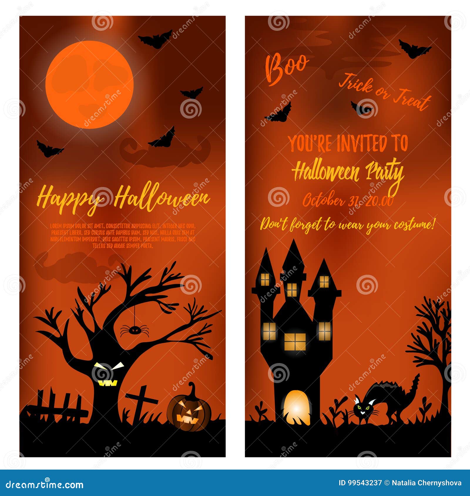 Set of Halloween Banners with Scare Tree, Castle Cat and Pumpkins Stock ...