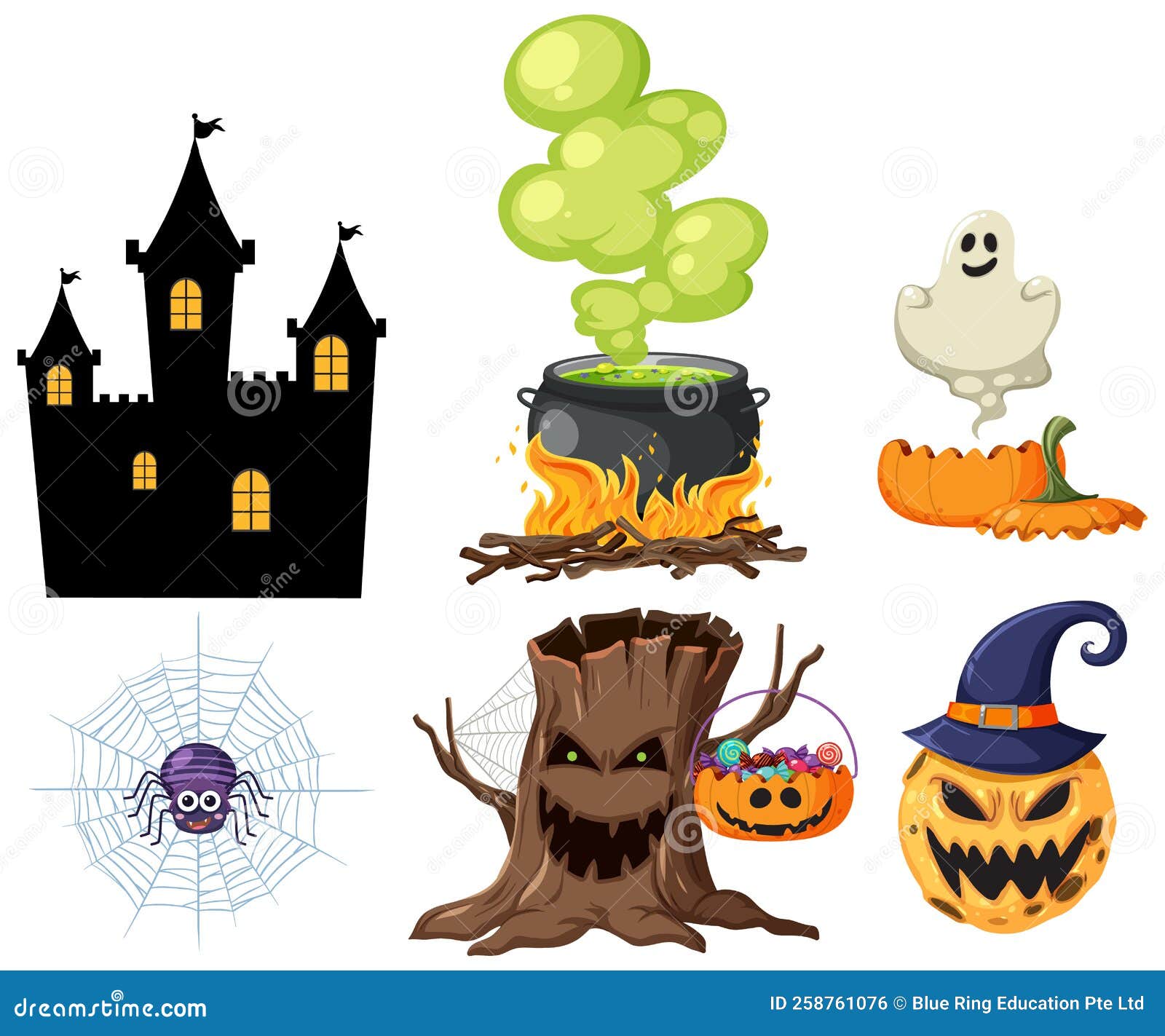 Set of Halloween Cartoon Characters and Elements Stock Vector