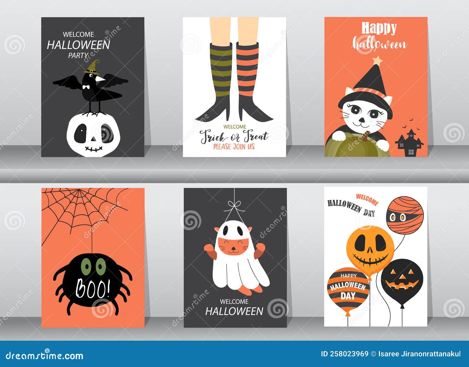 Set of Halloween Hand Drawn Invitation or Greeting Cards ,Vector