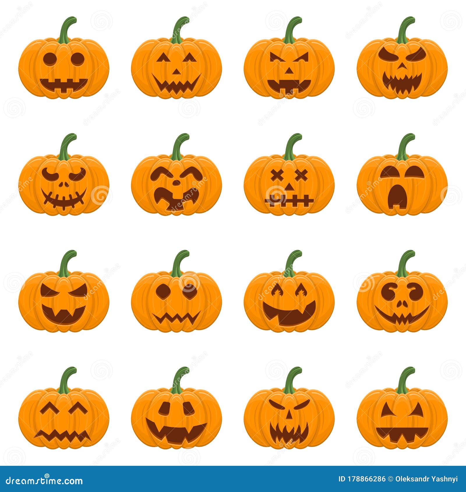 Set of Halloween Pumpkins Isolated on White Background. Cartoon Orange ...