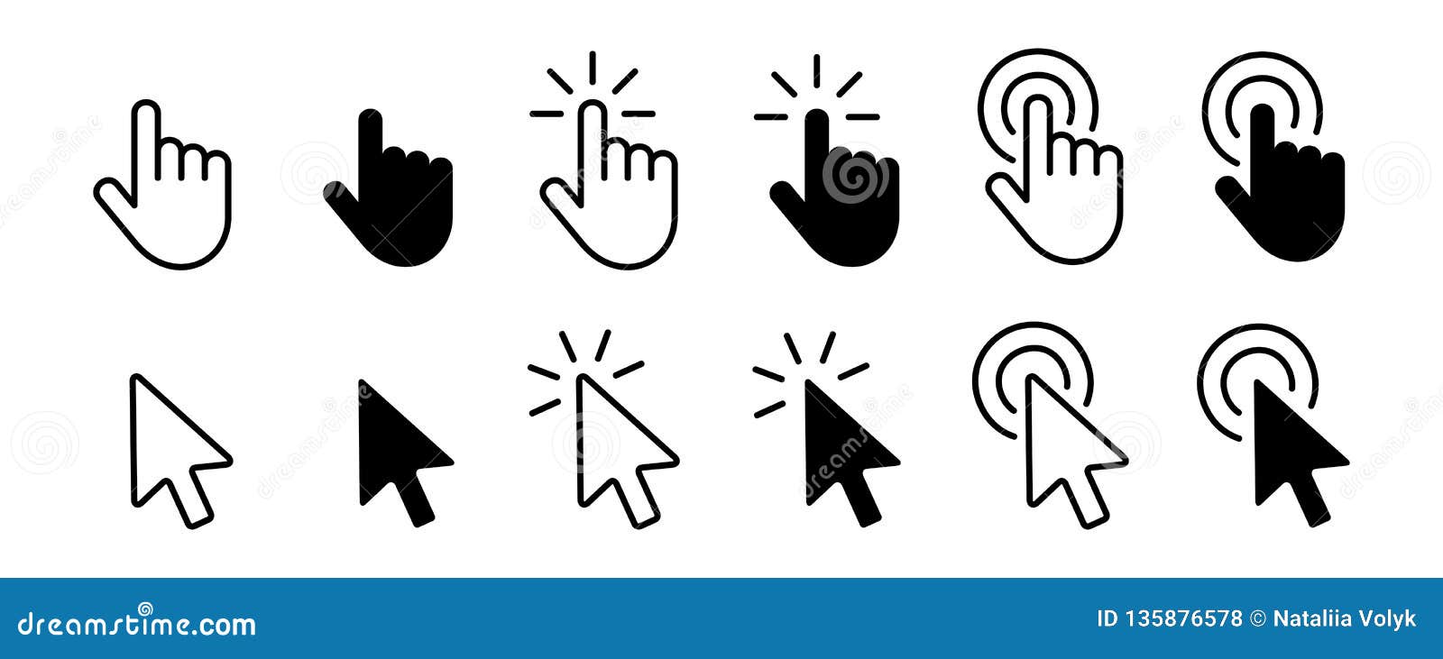 set of hand cursor icons click and cursor icons click