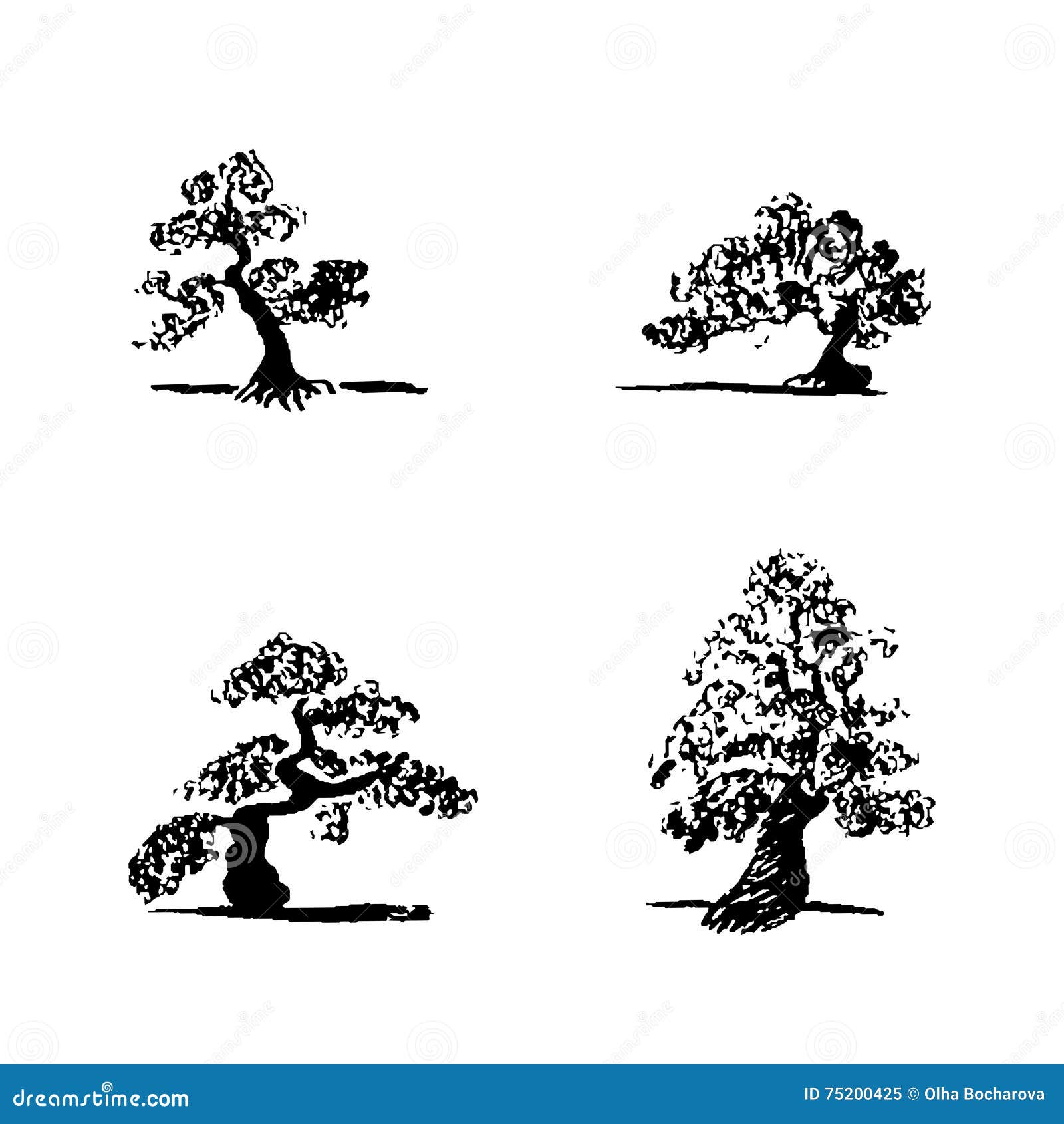 Set of Hand Drawing Sketch Four Bonsai Trees Stock Vector