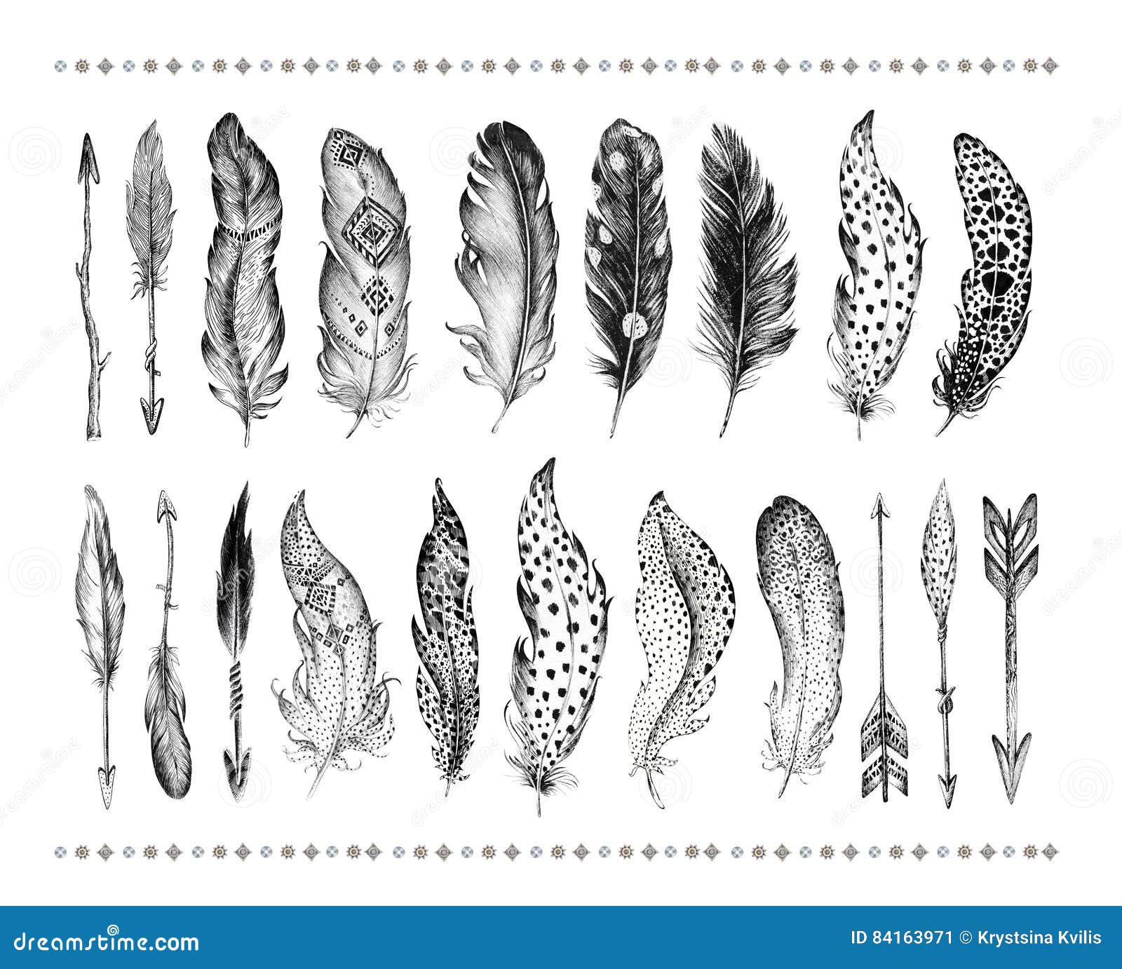 Set of bird feathers. Ease. Watercolor drawing. Natural elements.  Tropical.Isolated objects on a white background. Stock Illustration