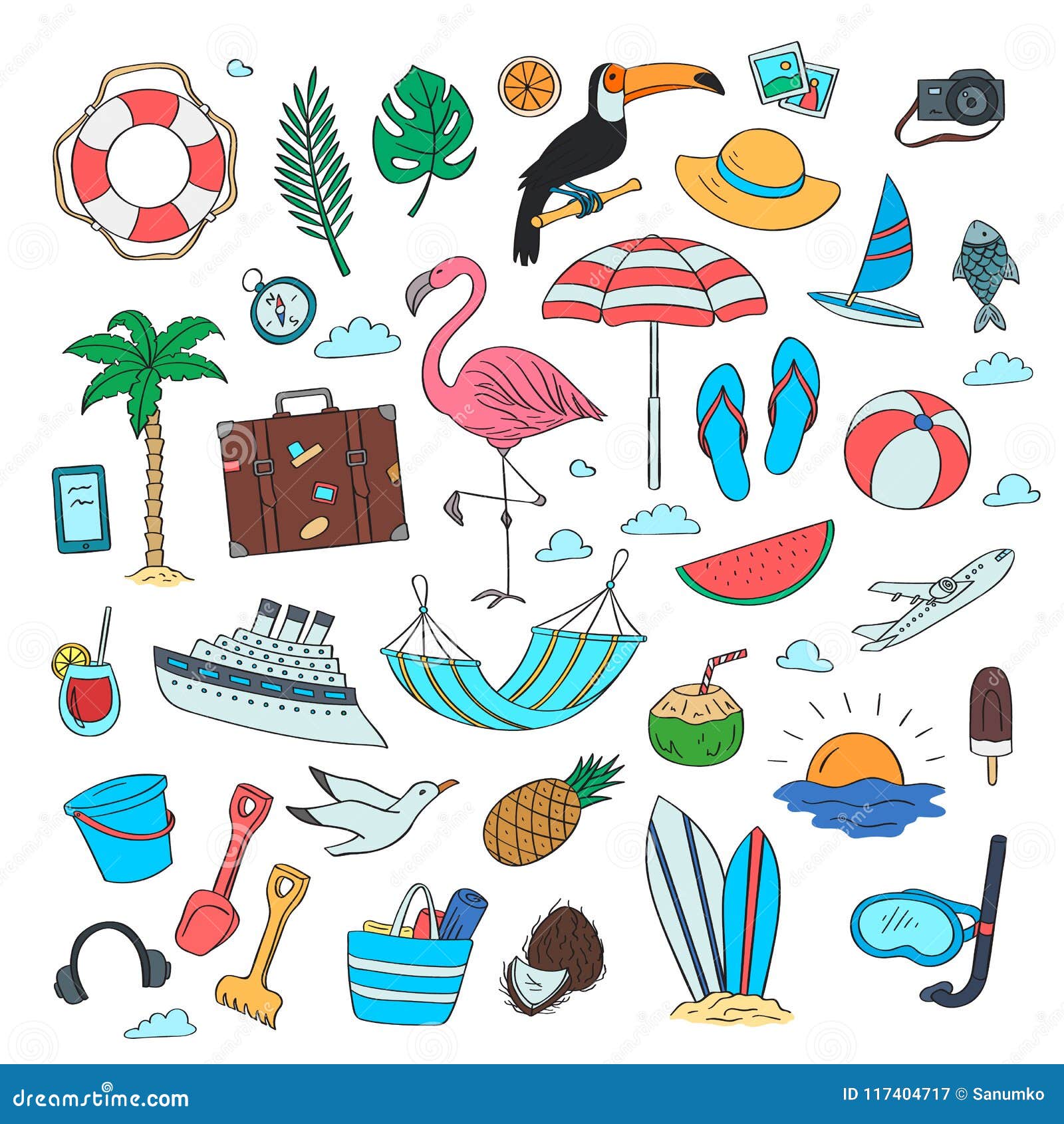 Set of Hand Drawn Coloured Beach Objects. Vector Summer Travel Doodle ...