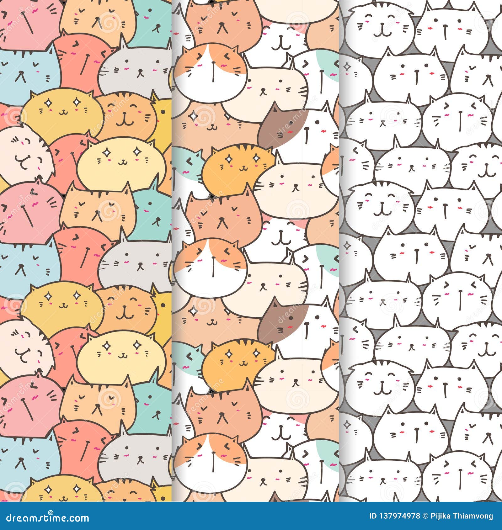 Set of Hand Drawn Cute Cats Vector Pattern Background. Doodle Funny ...
