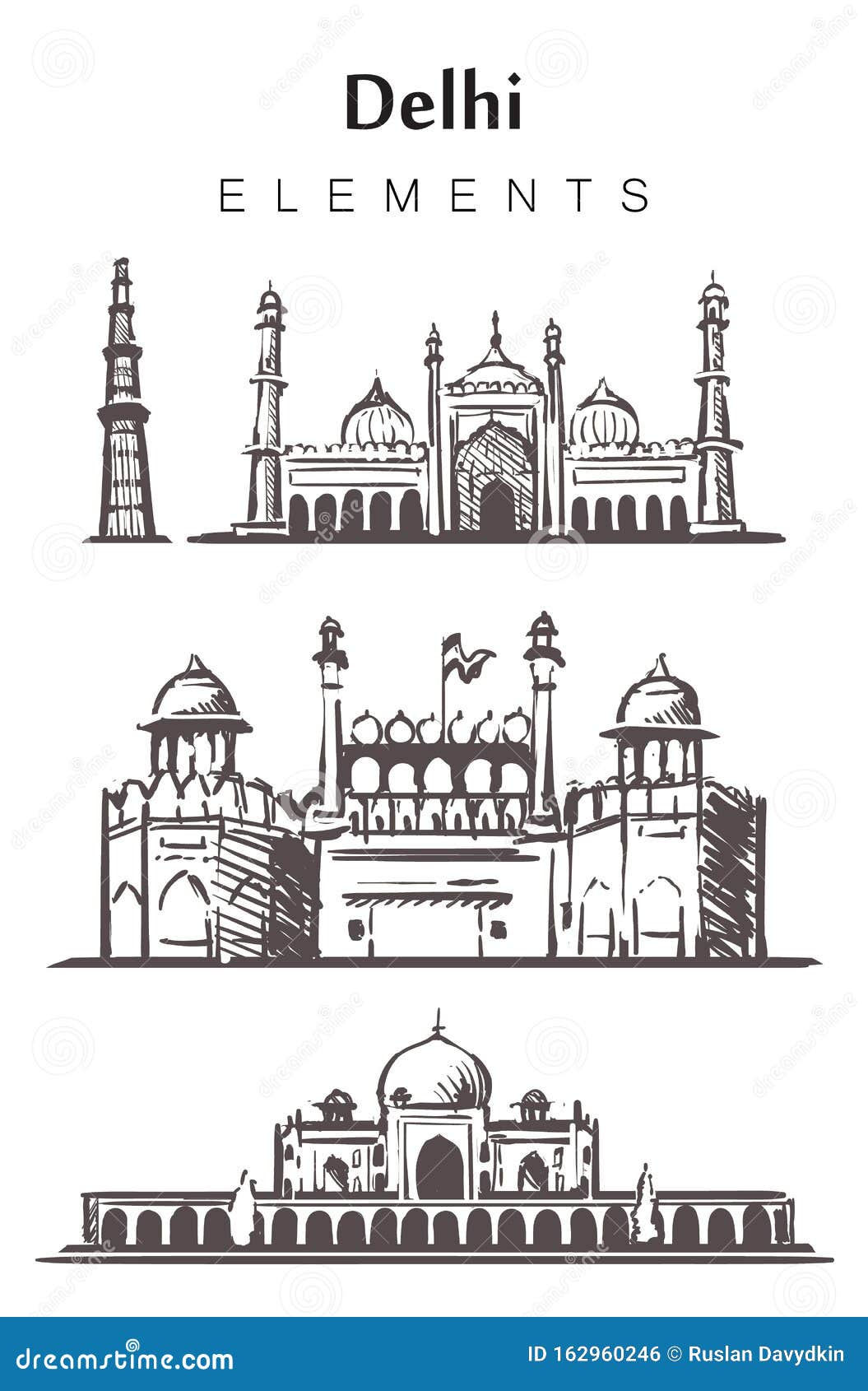 Set of Hand-drawn Delhi Buildings, Elements Sketch Illustration Stock  Illustration - Illustration of humayun, heritage: 162960246