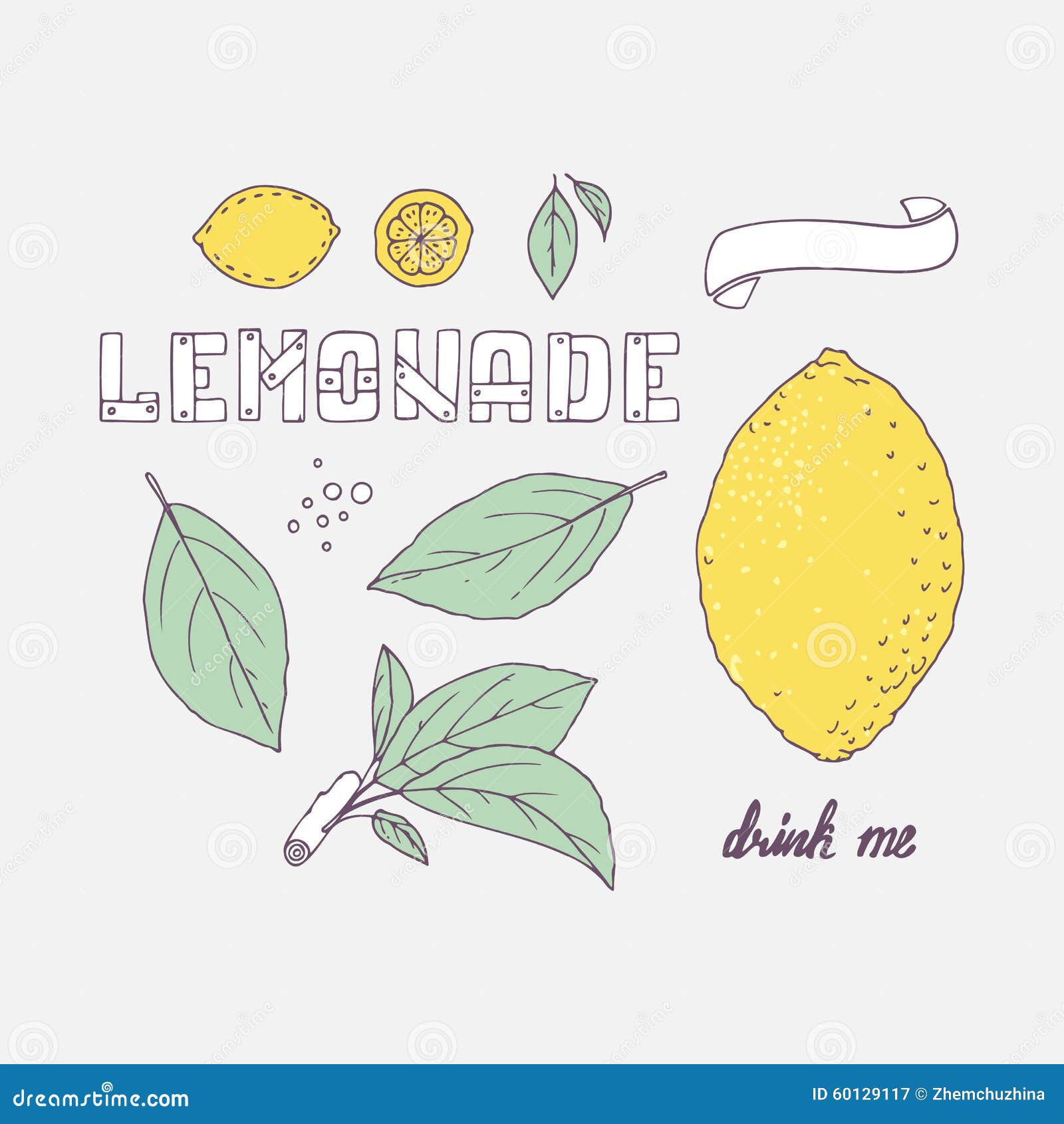 set of hand drawn s for lemonade or soda drink package . doodle lemon, leaves, icons, logo template and handlettering
