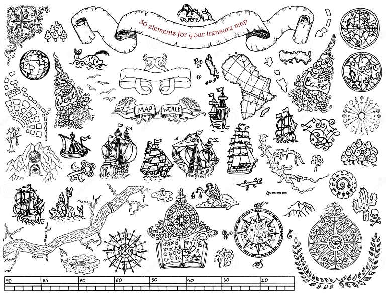 Set with Hand Drawn Elements for Treasure Hunt and Pirate Map on White ...