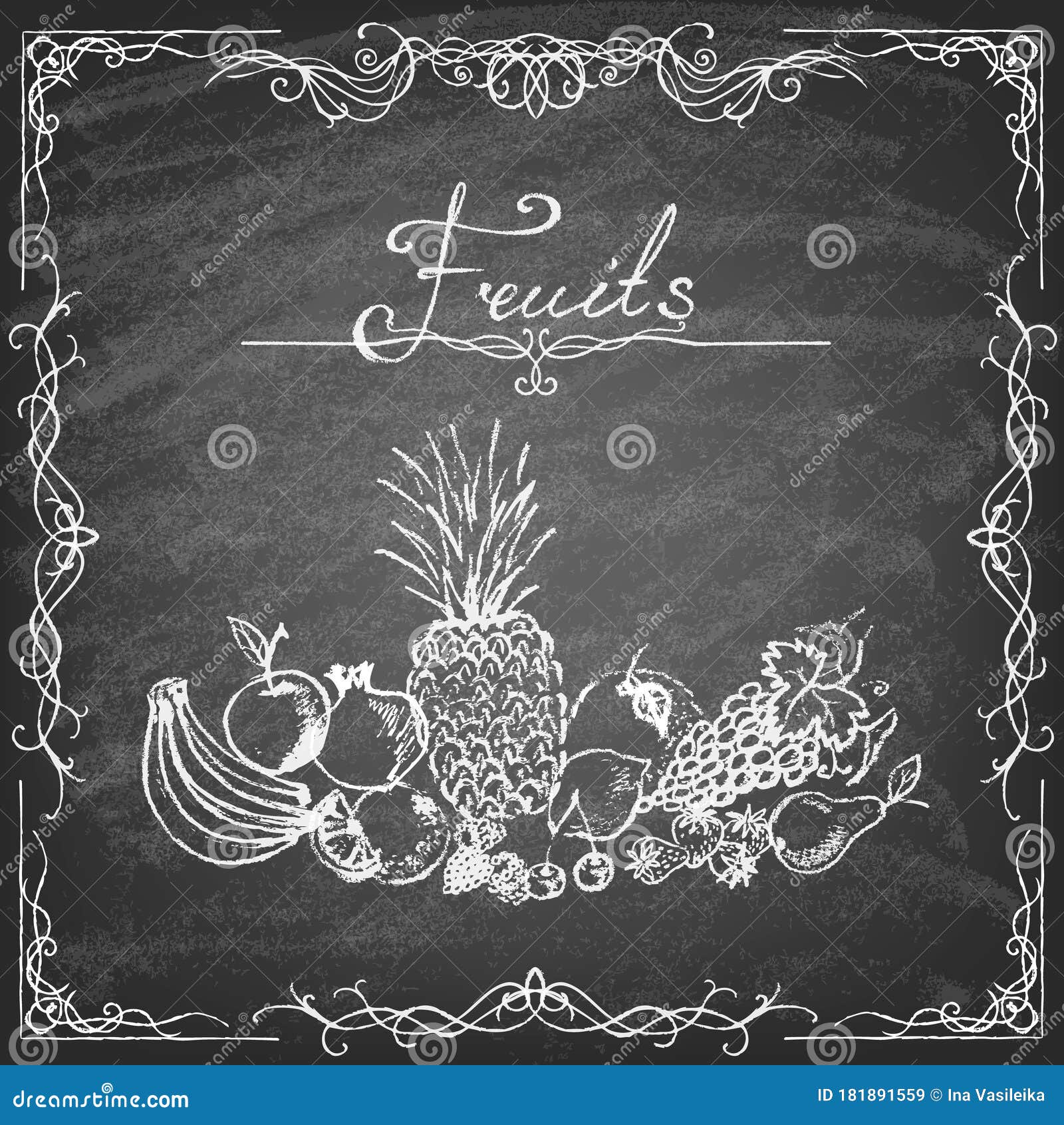 Set of Hand Drawn Fruits on Chalkboard. Stock Vector Illustration of