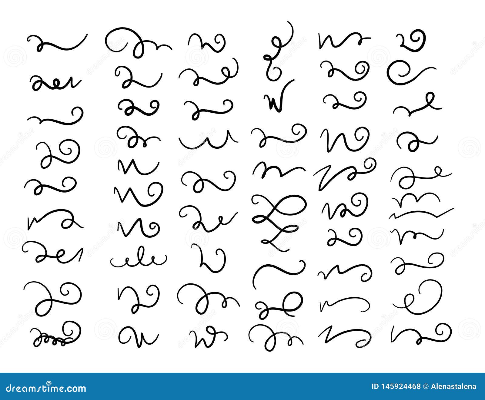 set of hand drawn lettering and calligraphy swirls, squiggles.  ink swirl and swoop decorations for composition