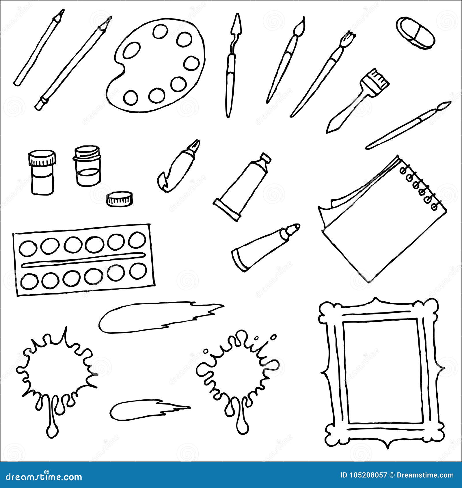 Set of Hand Drawn Outlines of Instruments for the Artist Stock Vector