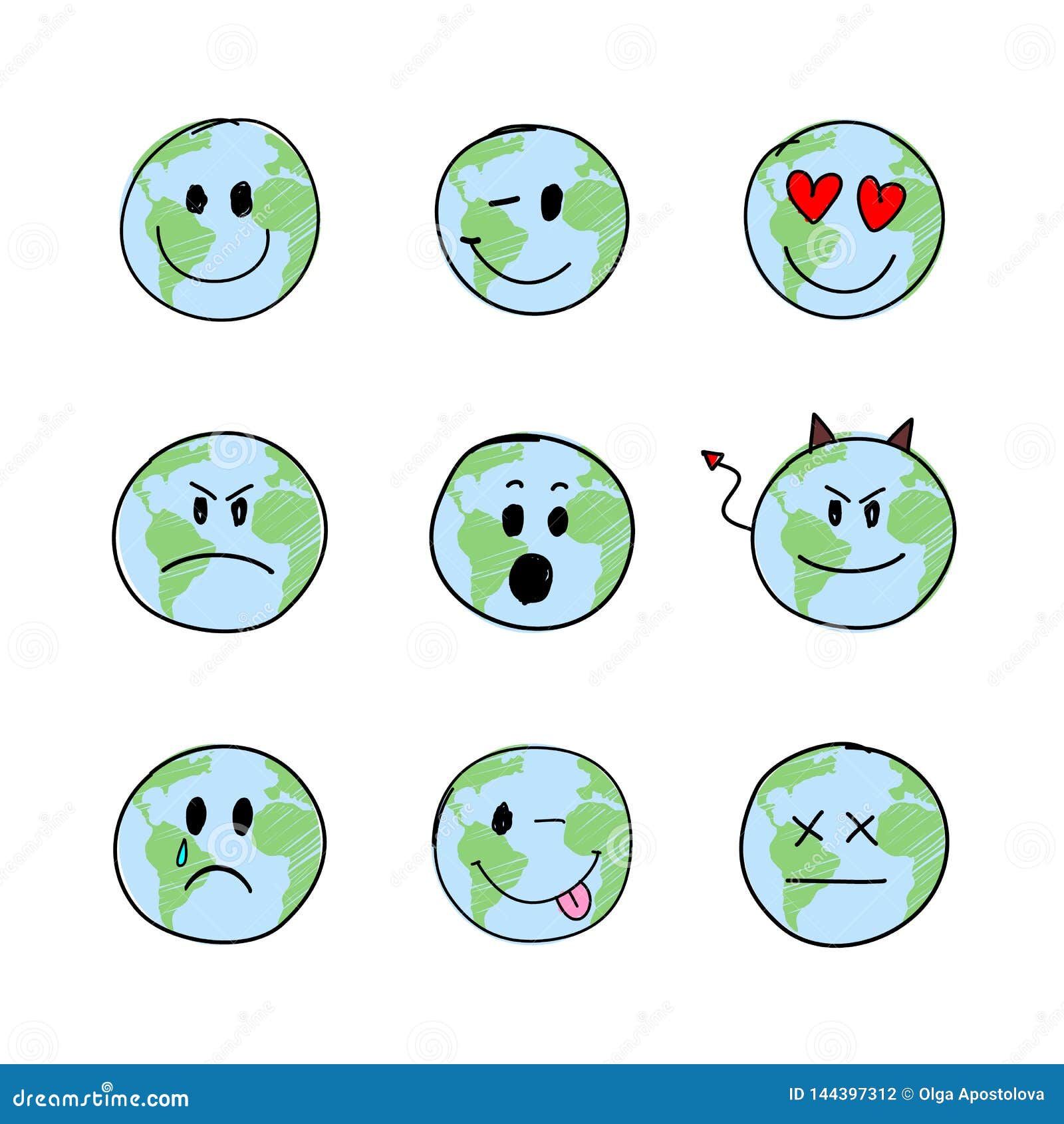 Set of the Hand Drawn Planet Smiles Faces on the White Background Stock ...