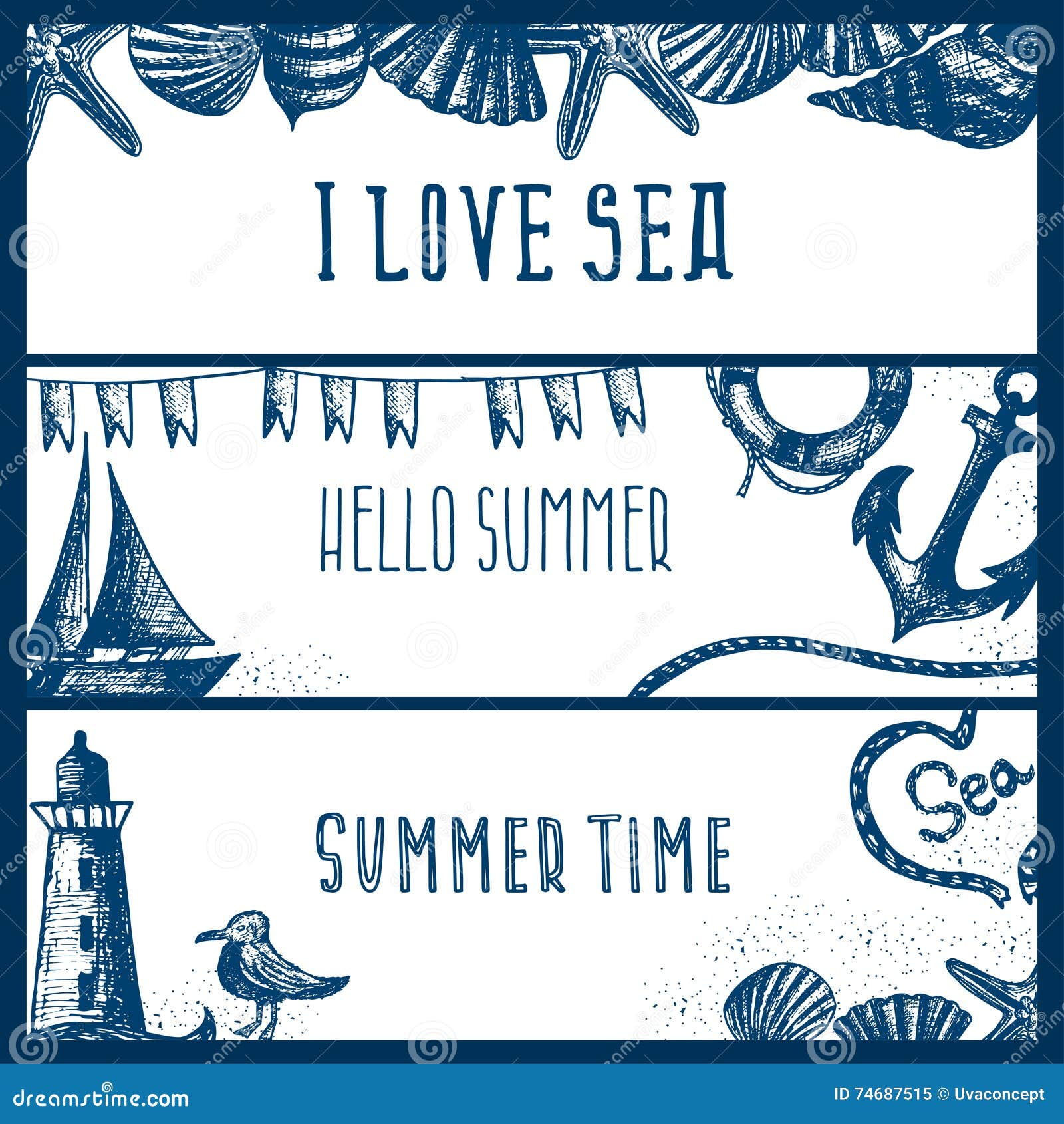 set of hand drawn sea themed banners. seagull,lighthouse,