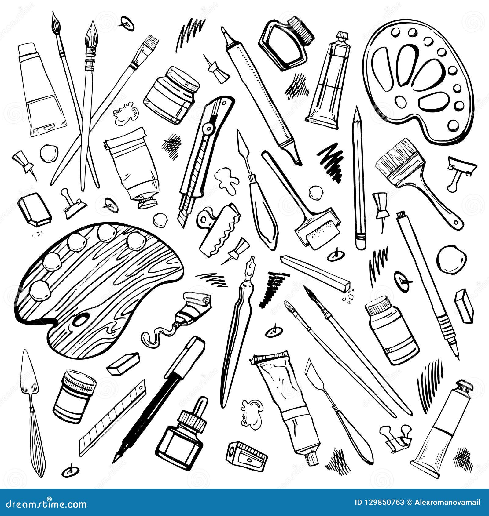 Seamless vector background of household items stylized as hand-drawing.  Stock Vector